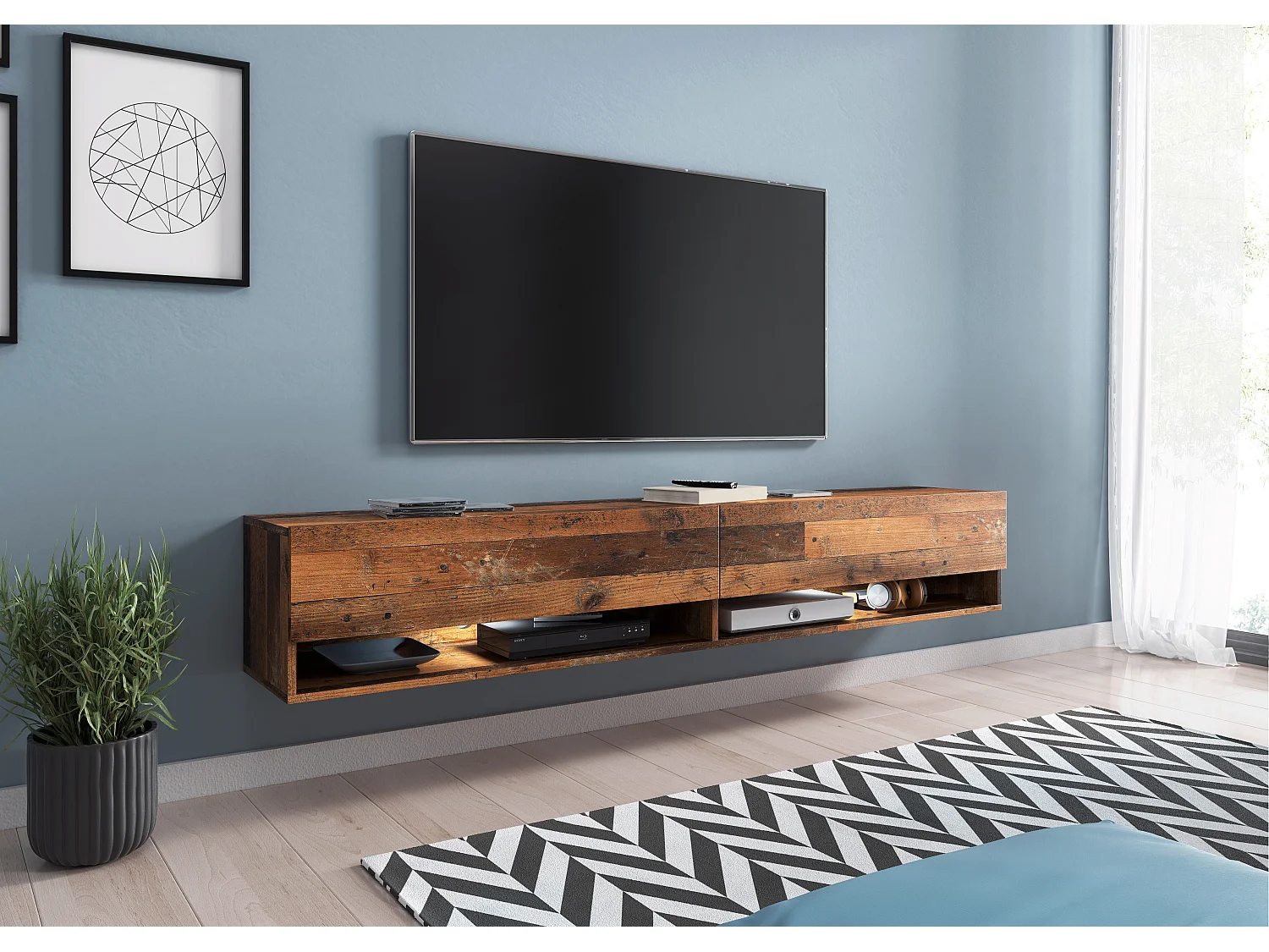 Meuble TV LOWBOARD A 180 cm, meuble de televisión, meuble de séjour, sans éclairage LED, couleur bois old style