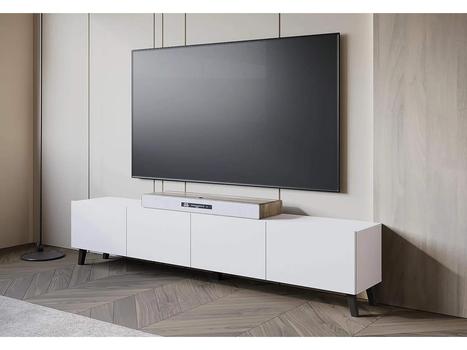 Meuble TV PHUKET 190 cm, meuble TV sur pieds, bahut de séjour, couleur blanc mat