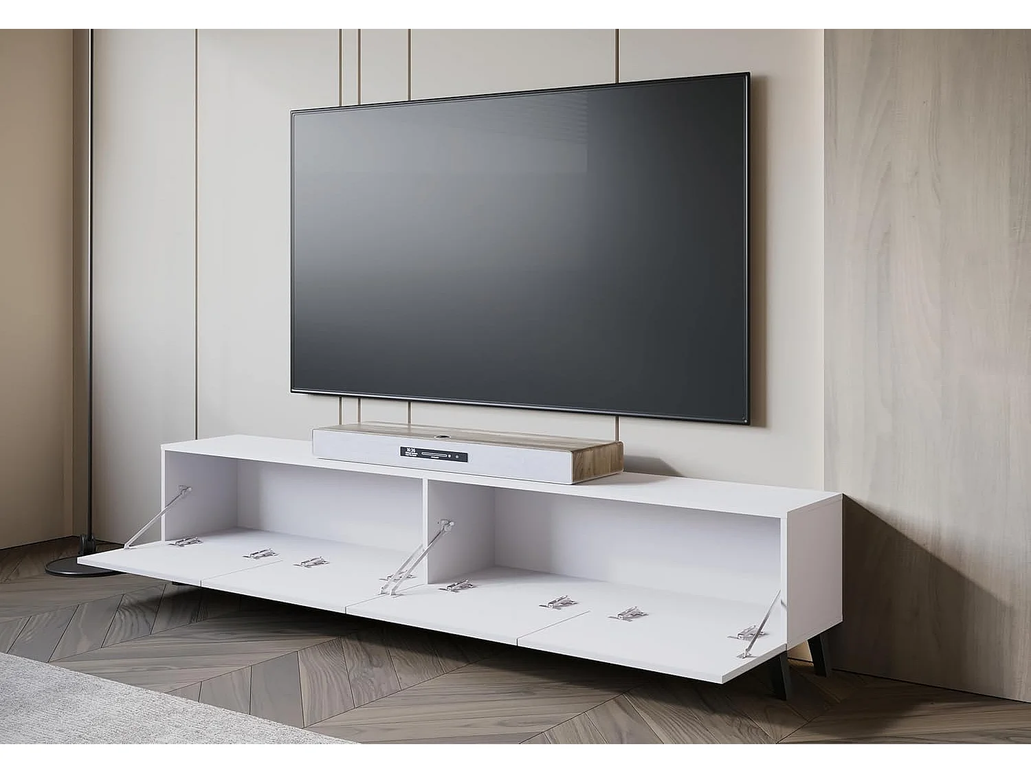 Meuble TV PHUKET 190 cm, meuble TV sur pieds, bahut de séjour, couleur blanc mat