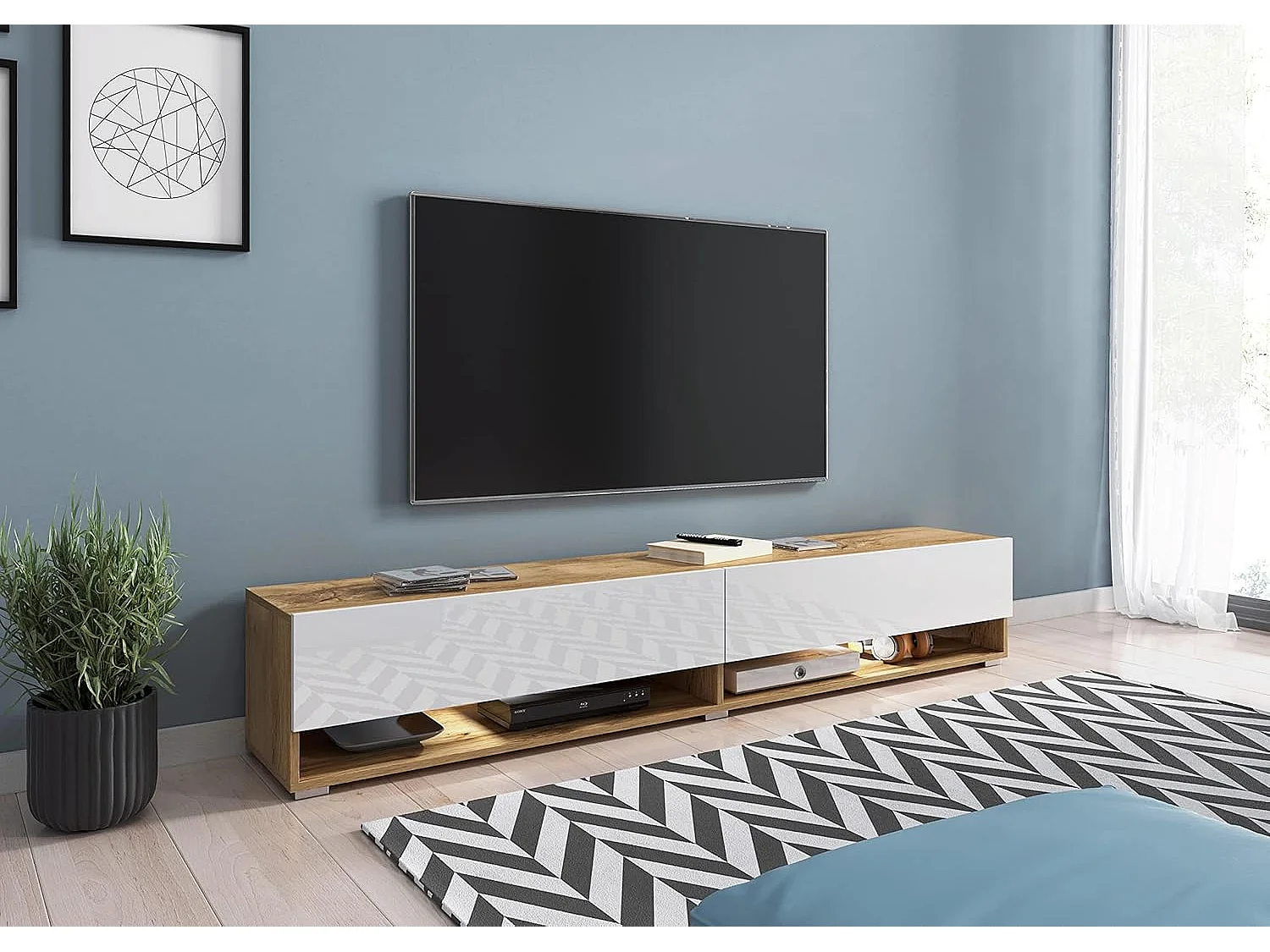 Mueble de TV LOWBOARD A 180 cm, mueble de televisión, mueble de salón, con iluminación LED, color wotan/blanco brillo