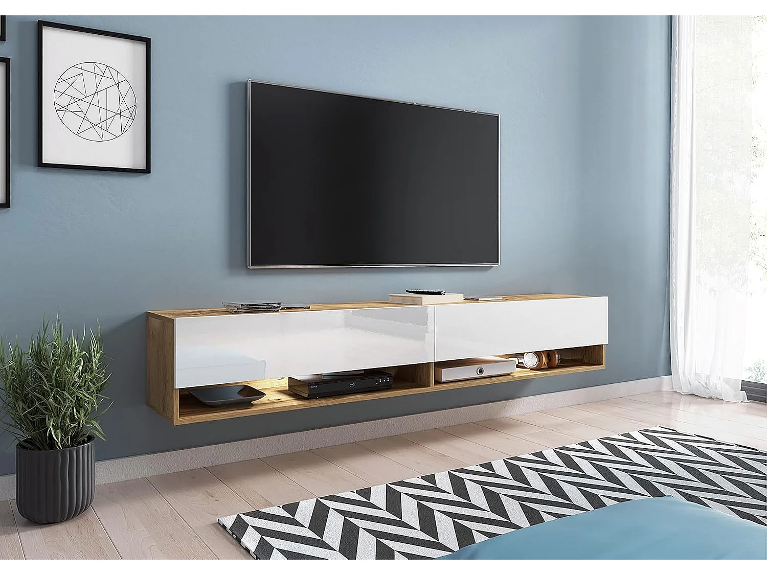 Mueble de TV LOWBOARD A 180 cm, mueble de televisión, mueble de salón, con iluminación LED, color wotan/blanco brillo