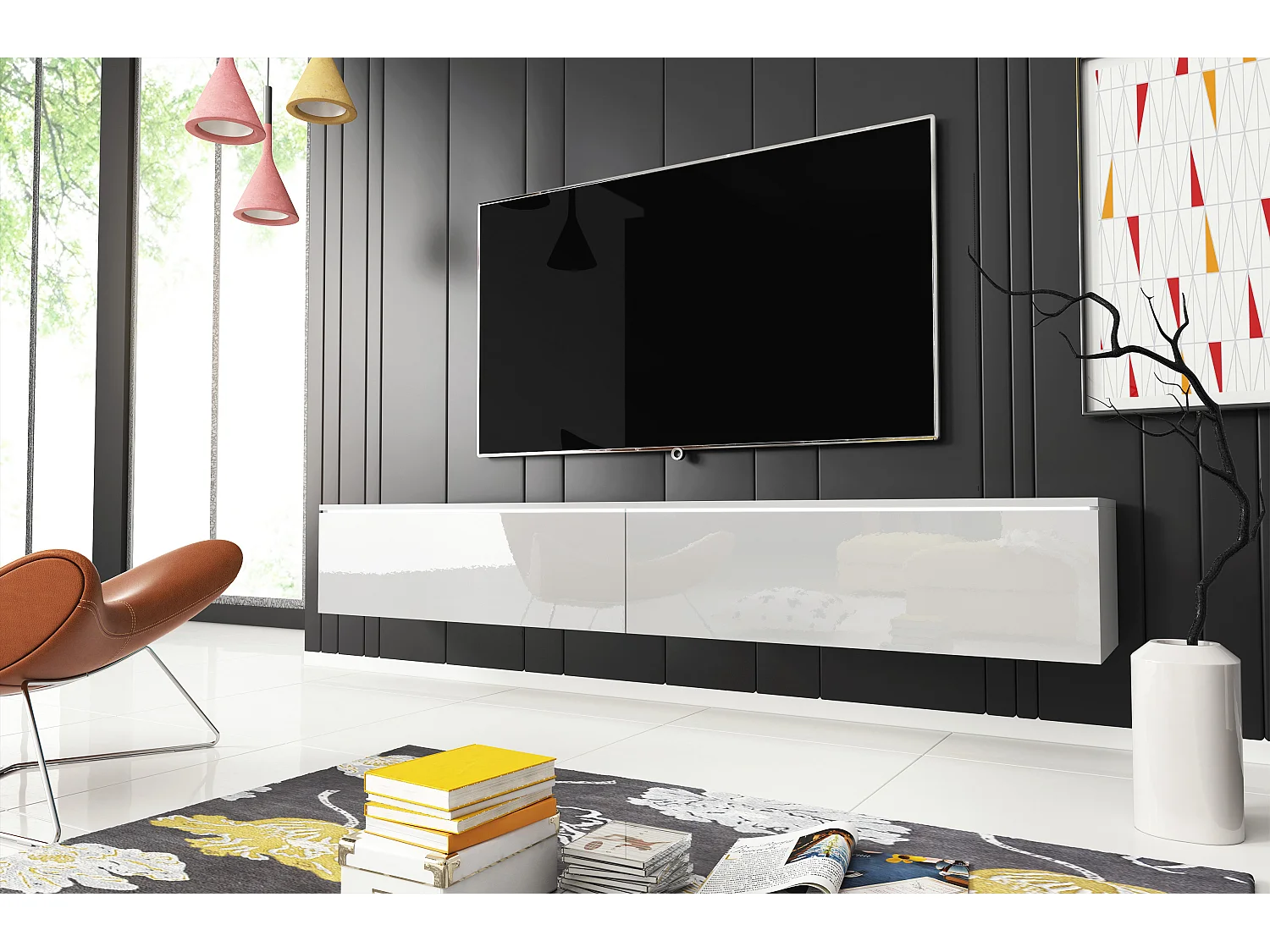 Meuble TV LOWBOARD D 180 cm, meuble de televisión, meuble de séjour, sans éclairage LED, couleur blanc/blanc brillant