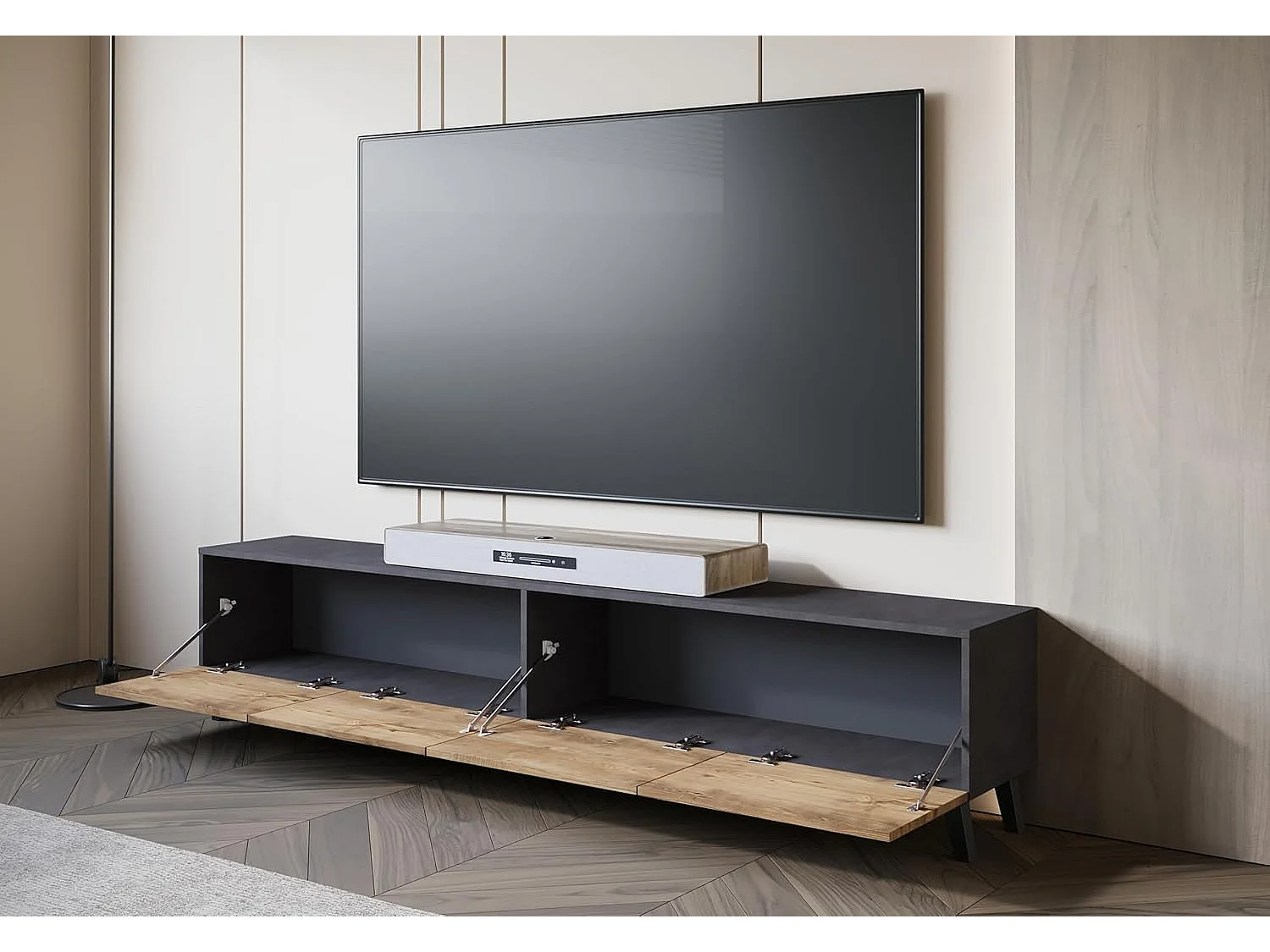 Mueble de TV PHUKET 190 cm, mueble de TV con patas, aparador para salón, color matera/castaño