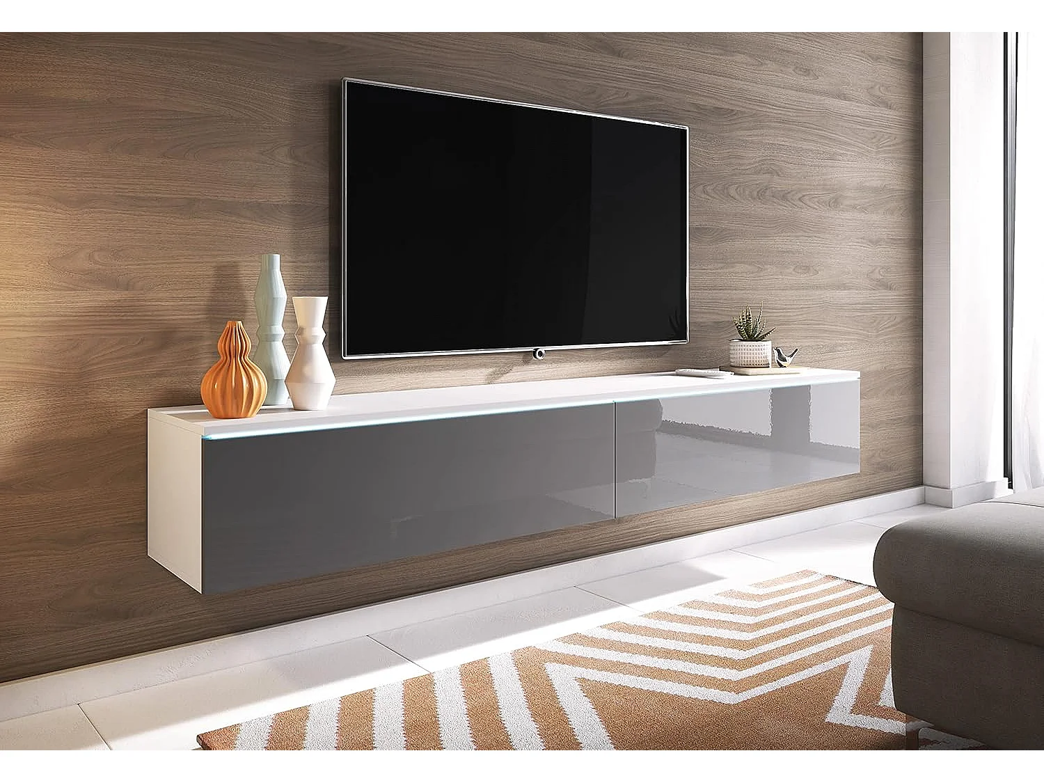 Mueble de TV LOWBOARD D 180 cm, mueble de televisión, mueble de salón, con iluminación LED, color blanco/gris brillo