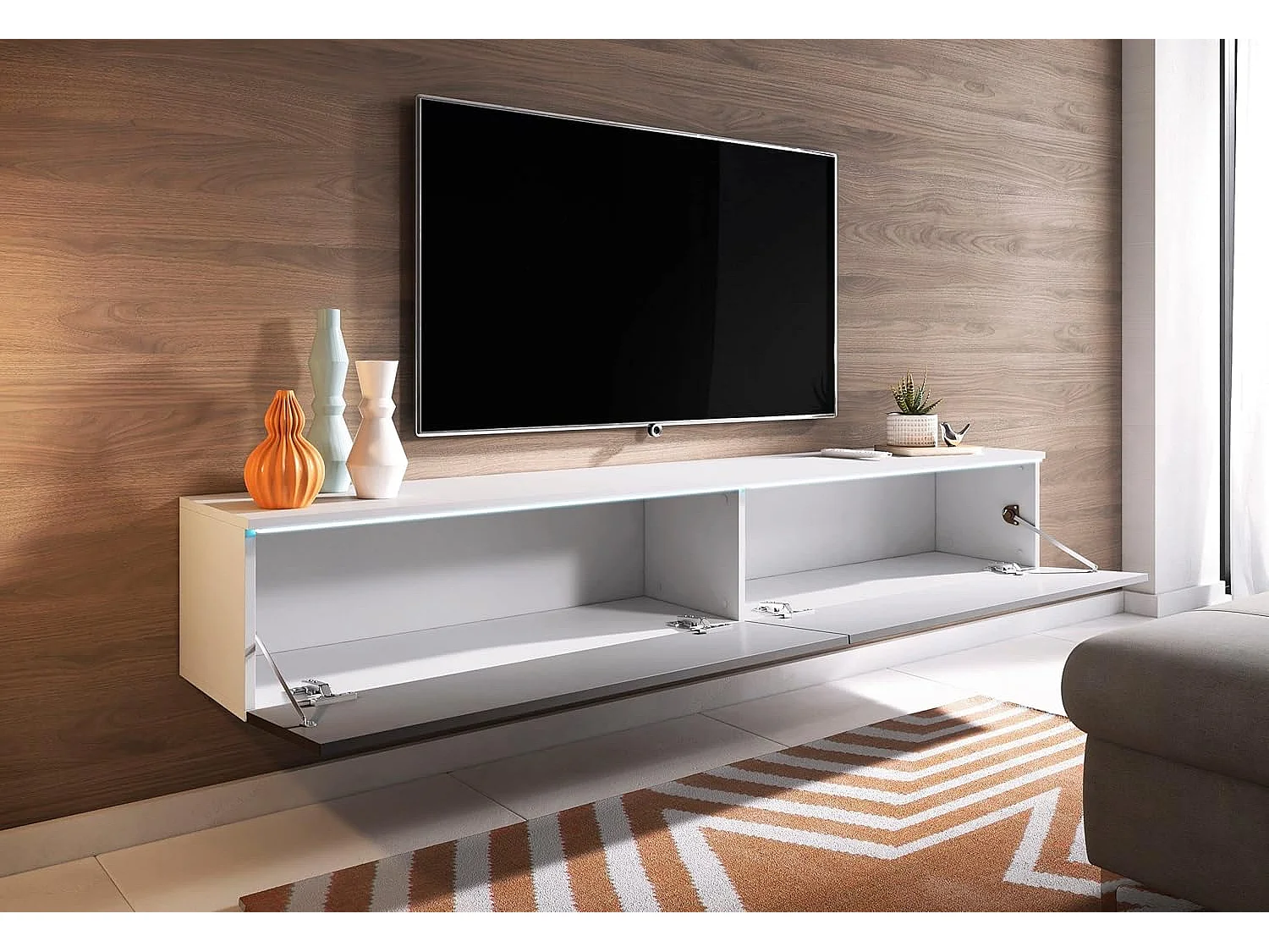 Mueble de TV LOWBOARD D 180 cm, mueble de televisión, mueble de salón, con iluminación LED, color blanco/gris brillo