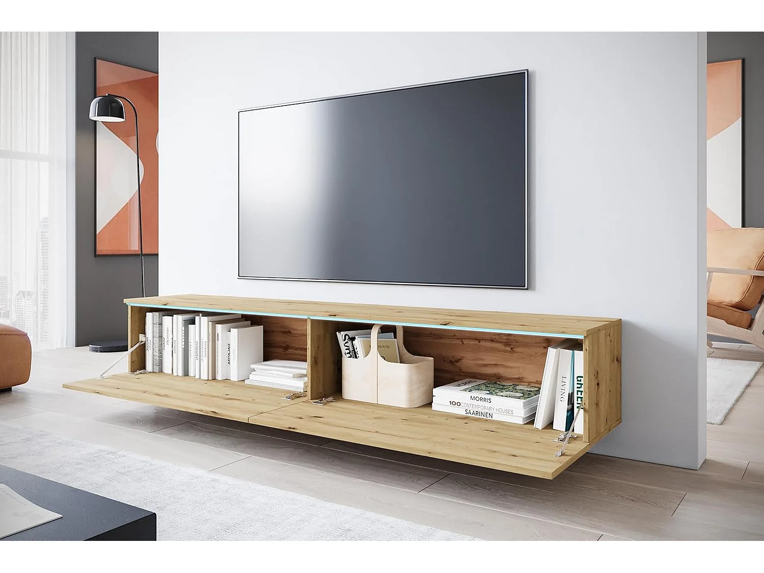 Meuble TV LOWBOARD D 180 cm, meuble de televisión, meuble de séjour, avec éclairage LED, couleur chêne artisan