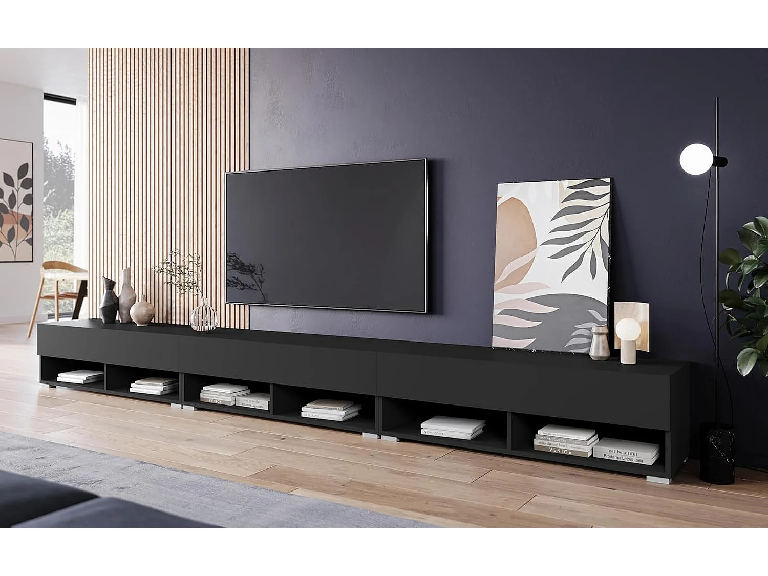 Meuble TV LOWBOARD A 300 cm, meuble de televisión, meuble de séjour, avec éclairage LED, couleur noir mat