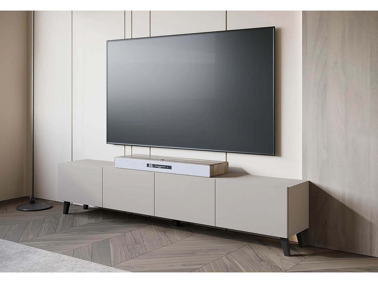 Meuble TV PHUKET 190 cm, meuble TV sur pieds, bahut de séjour, couleur beige cachemire