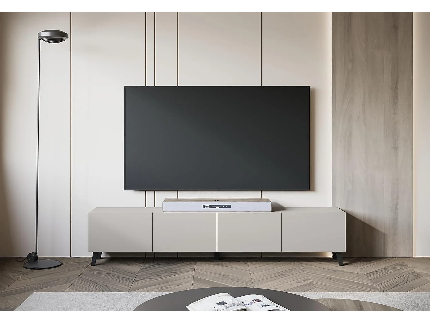 Meuble TV PHUKET 190 cm, meuble TV sur pieds, bahut de séjour, couleur beige cachemire