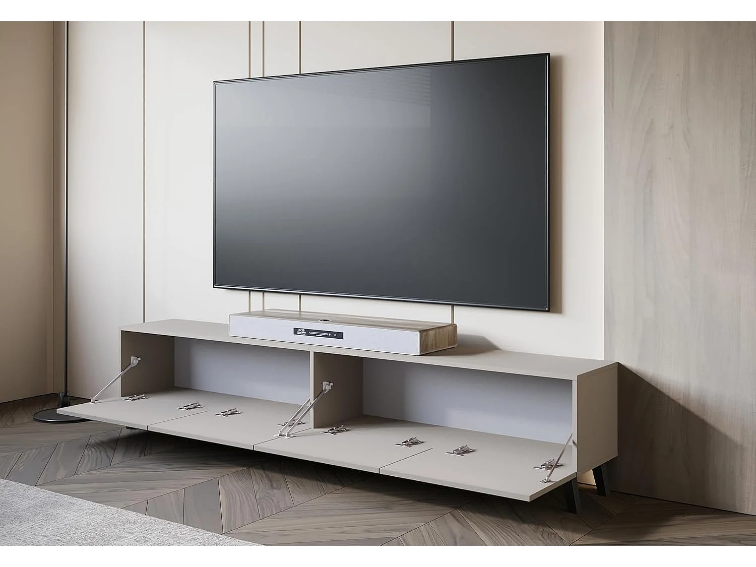 Meuble TV PHUKET 190 cm, meuble TV sur pieds, bahut de séjour, couleur beige cachemire