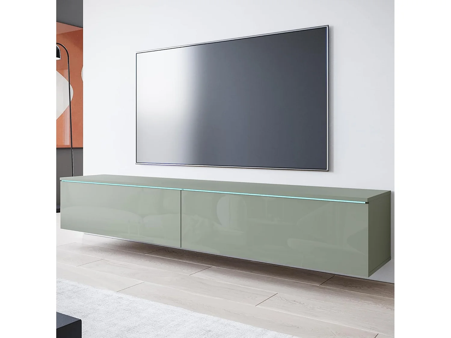 LOWBOARD D 180 cm TV unit, television furniture, living room furniture, without LED lighting, mist green color