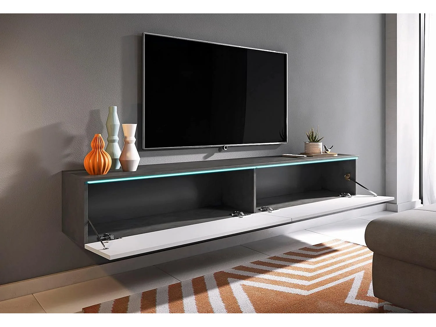 LOWBOARD D 180 cm TV unit, television furniture, living room furniture, without LED lighting, mist green color