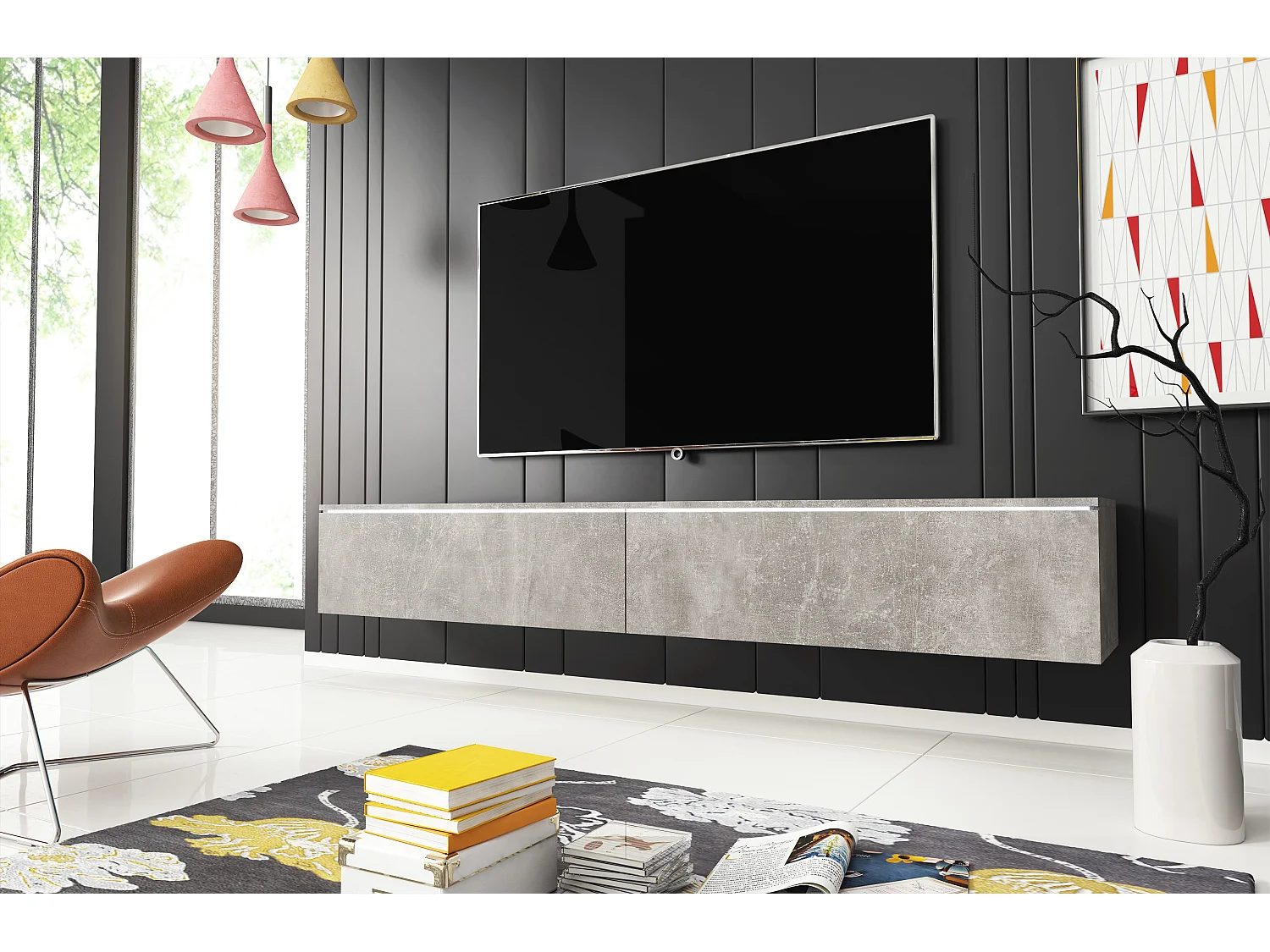 Mueble de TV LOWBOARD D 180 cm, mueble de televisión, mueble de salón, sin iluminación LED, color hormigón