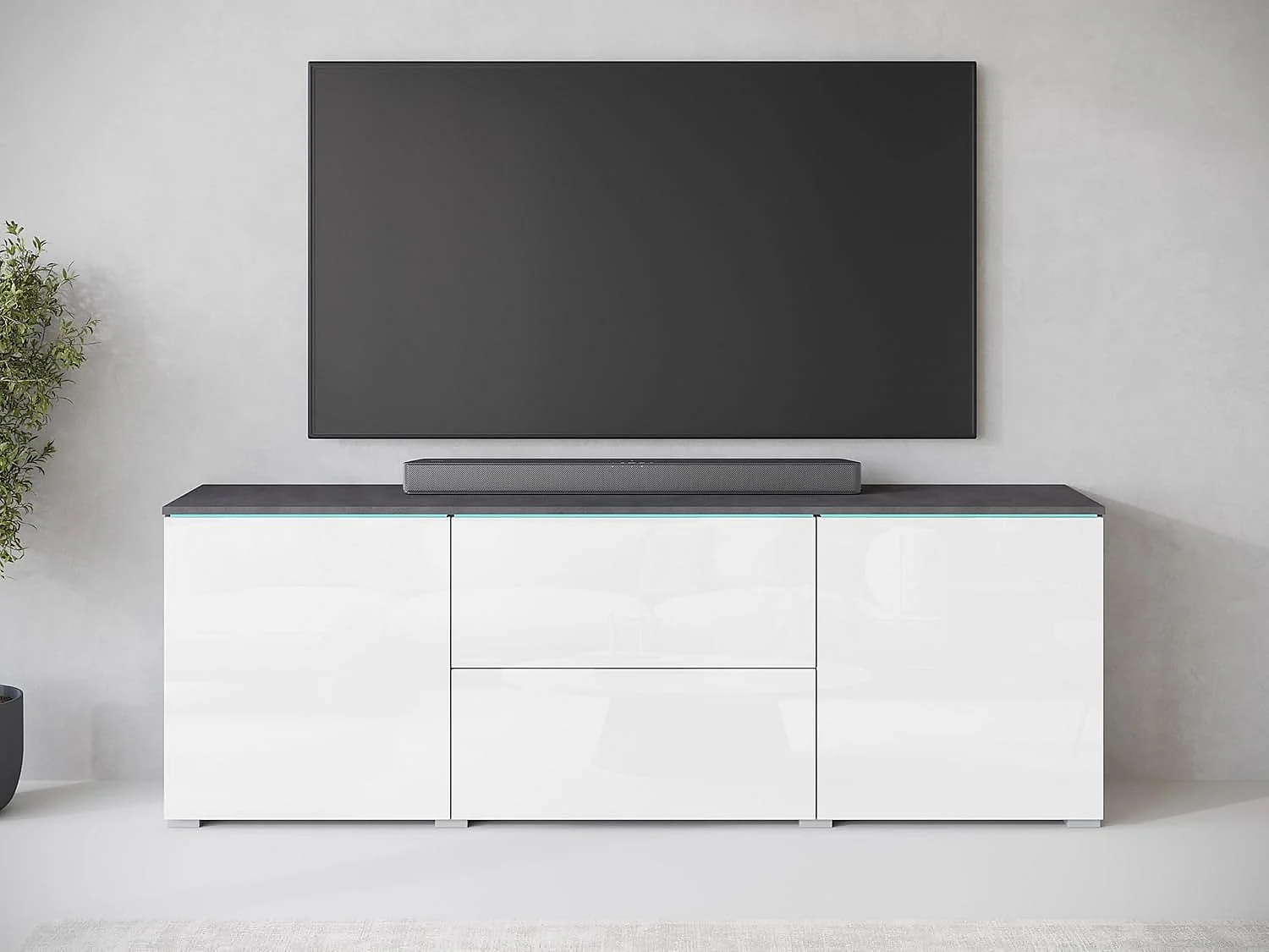 Mueble de TV VERA 181 cm, mueble de televisión, aparador de salón, con iluminación LED, color matera/blanco brillo
