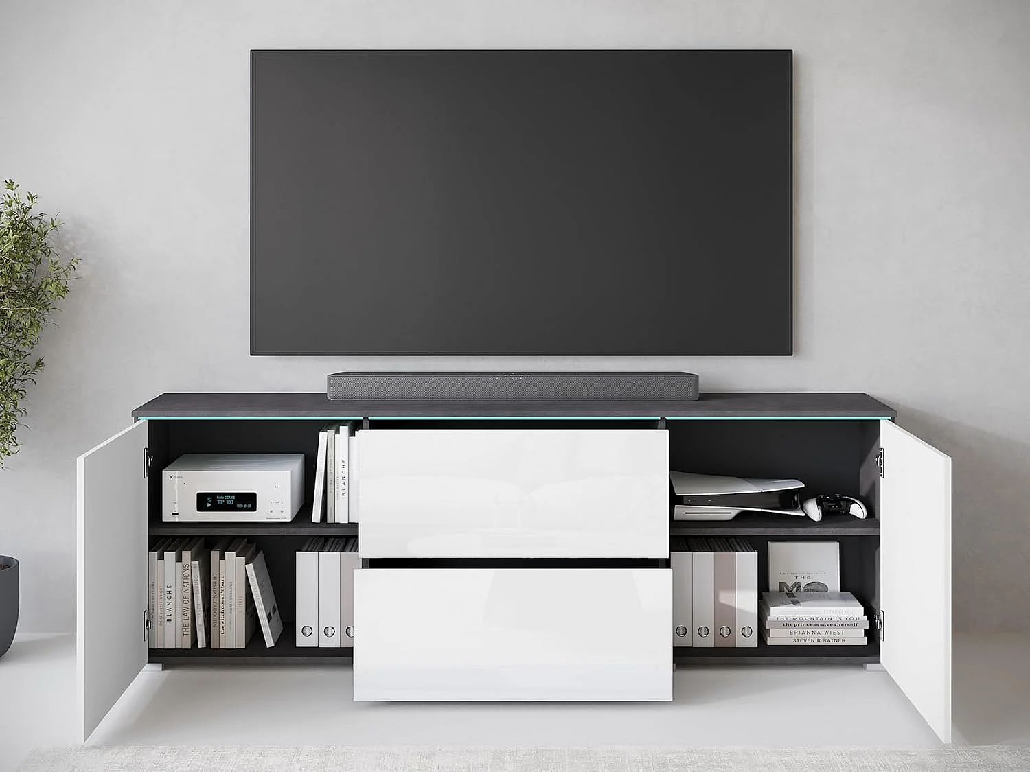 Mueble de TV VERA 181 cm, mueble de televisión, aparador de salón, con iluminación LED, color matera/blanco brillo