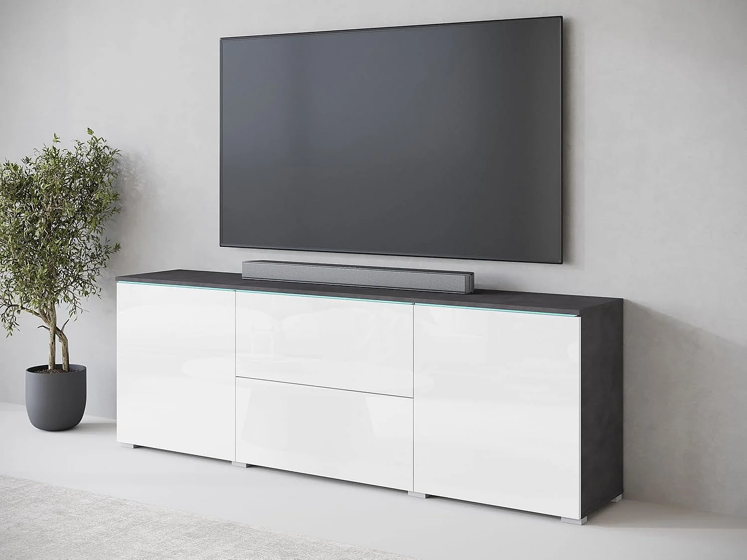 Mueble de TV VERA 181 cm, mueble de televisión, aparador de salón, con iluminación LED, color matera/blanco brillo