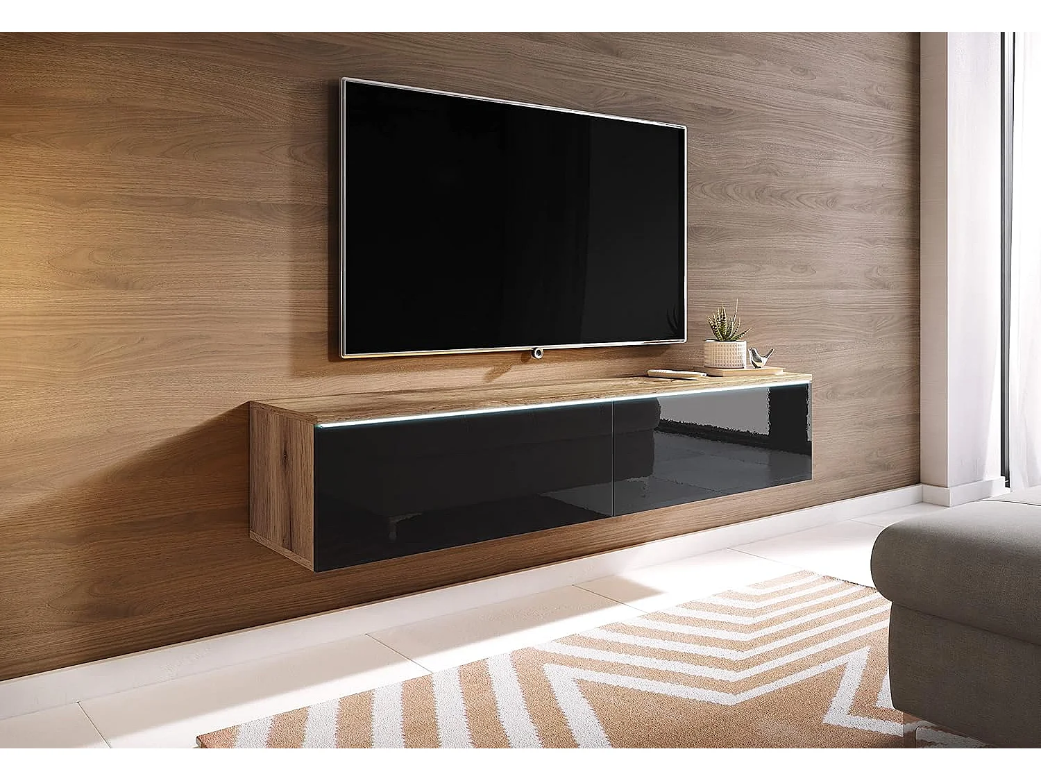 Meuble TV LOWBOARD D 140 cm, meuble de televisión, meuble de séjour, avec éclairage LED, couleur wotan/noir brillant
