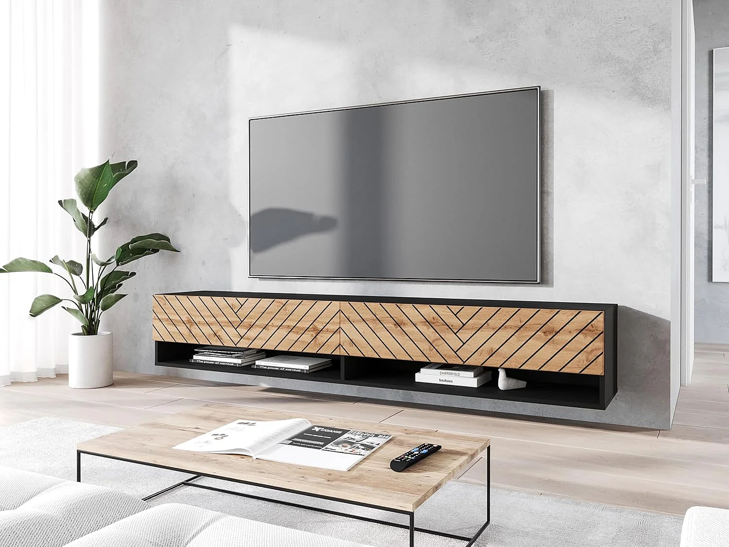 Mueble de TV LOWBOARD A 180 cm, mueble de televisión, mueble de salón, con iluminación LED, color wotan/negro espiga