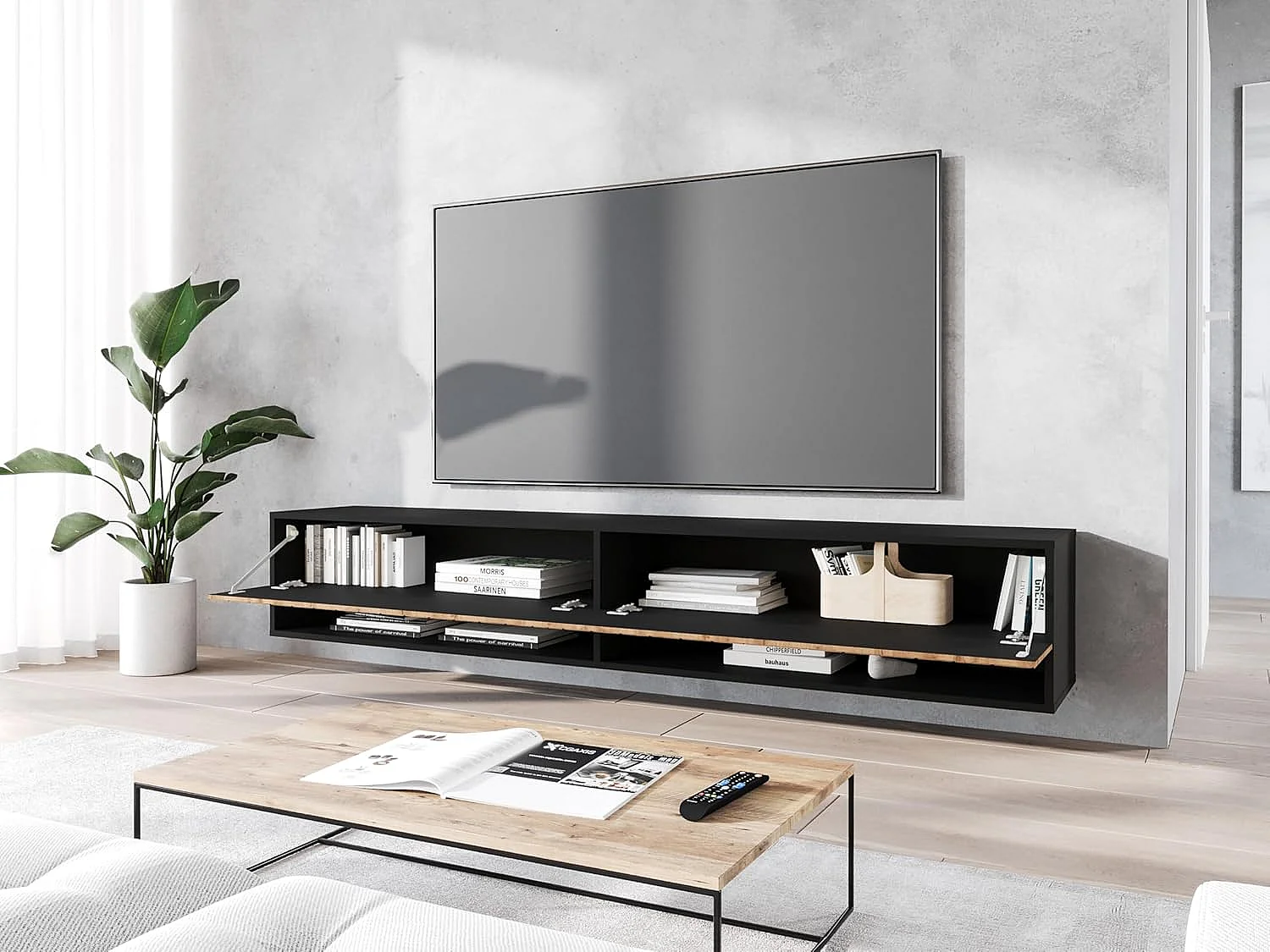Mueble de TV LOWBOARD A 180 cm, mueble de televisión, mueble de salón, con iluminación LED, color wotan/negro espiga