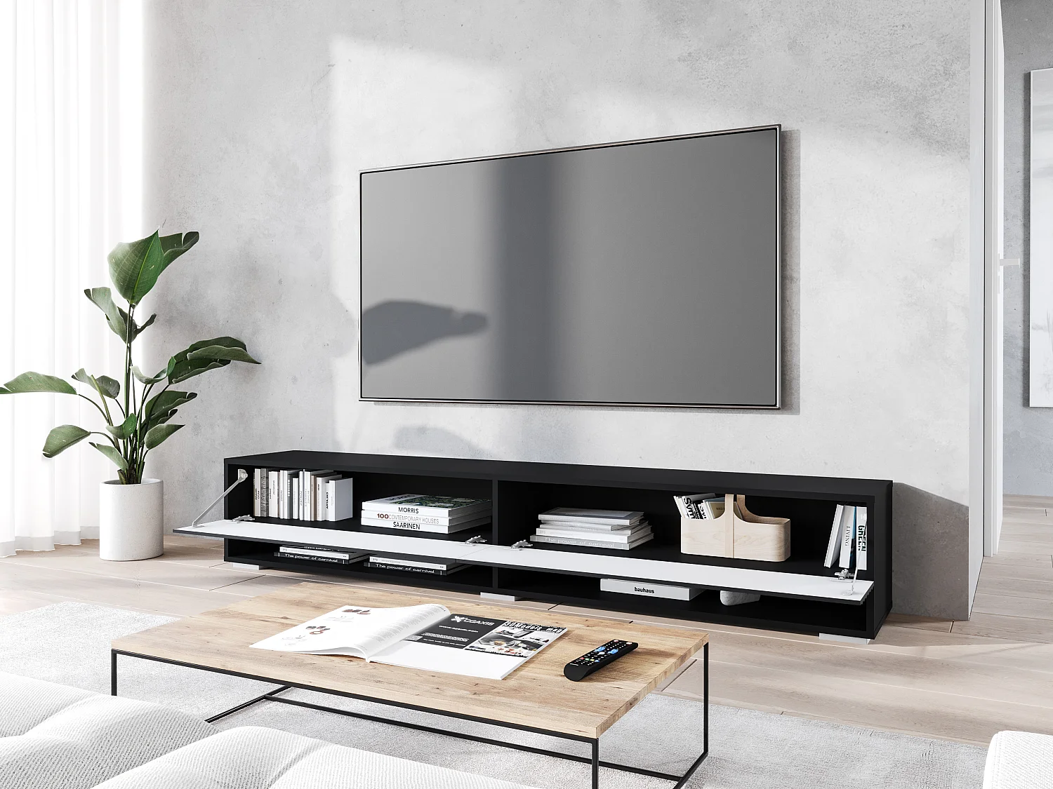LOWBOARD A 180 cm TV unit, television furniture, living room furniture, with LED lighting, black waved color