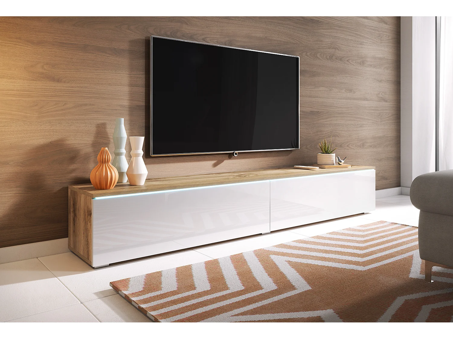 Mueble de TV LOWBOARD D 180 cm, mueble de televisión, mueble de salón, sin iluminación LED, color wotan/blanco brillo