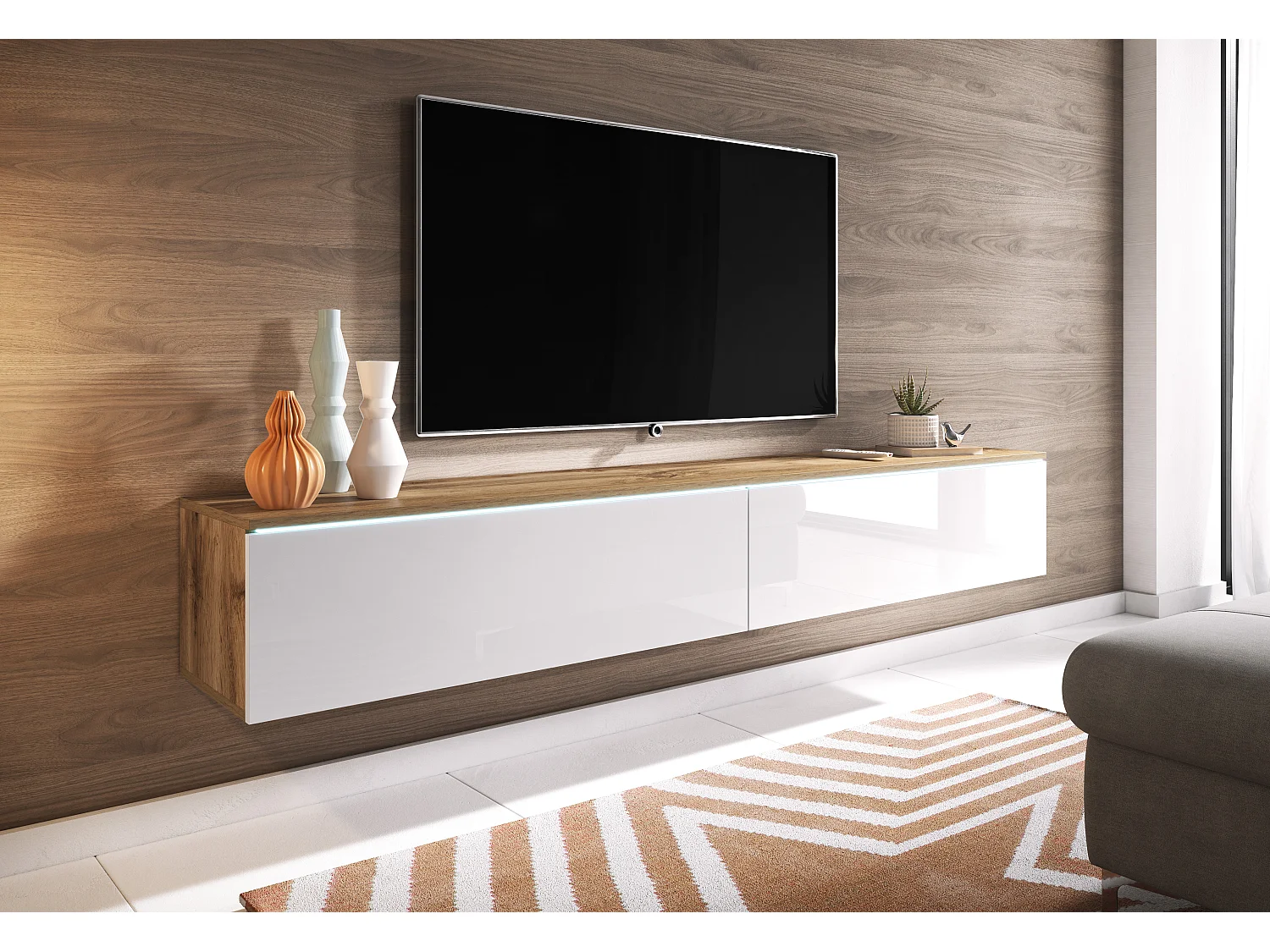 Mueble de TV LOWBOARD D 180 cm, mueble de televisión, mueble de salón, sin iluminación LED, color wotan/blanco brillo