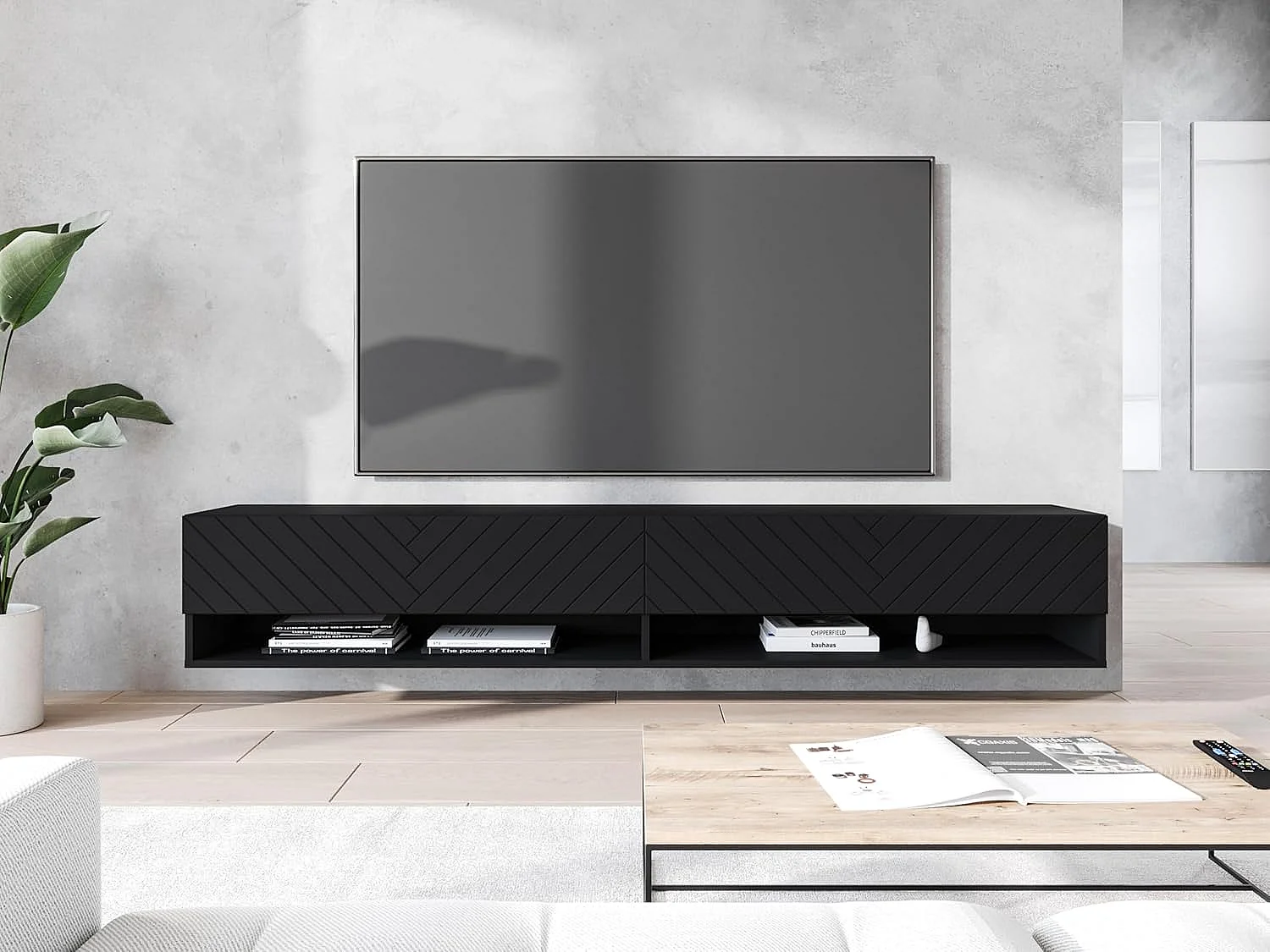 Meuble TV LOWBOARD A 180 cm, meuble de televisión, meuble de séjour, avec éclairage LED, couleur noir à chevrons