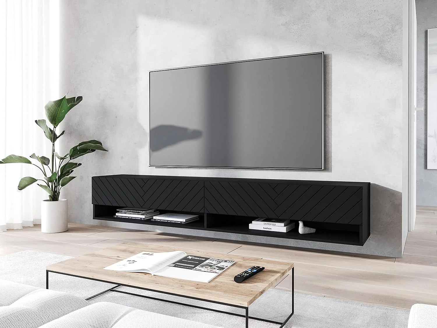 Meuble TV LOWBOARD A 180 cm, meuble de televisión, meuble de séjour, avec éclairage LED, couleur noir à chevrons
