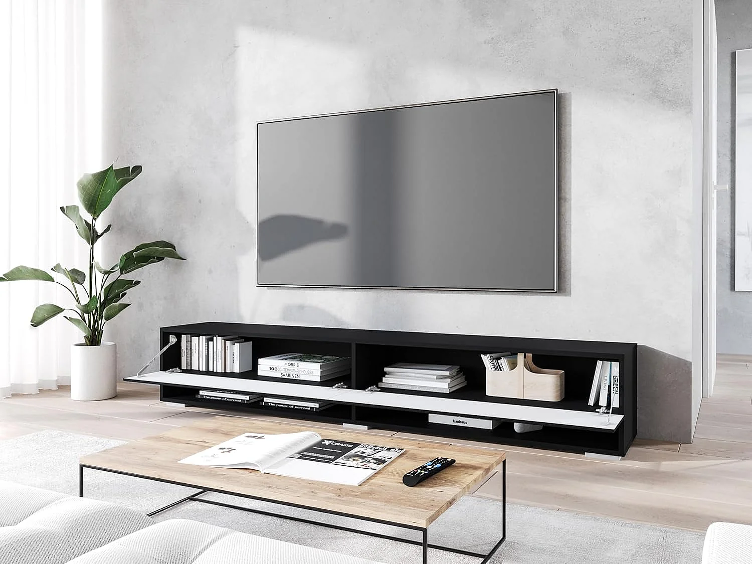 Meuble TV LOWBOARD A 180 cm, meuble de televisión, meuble de séjour, avec éclairage LED, couleur noir à chevrons