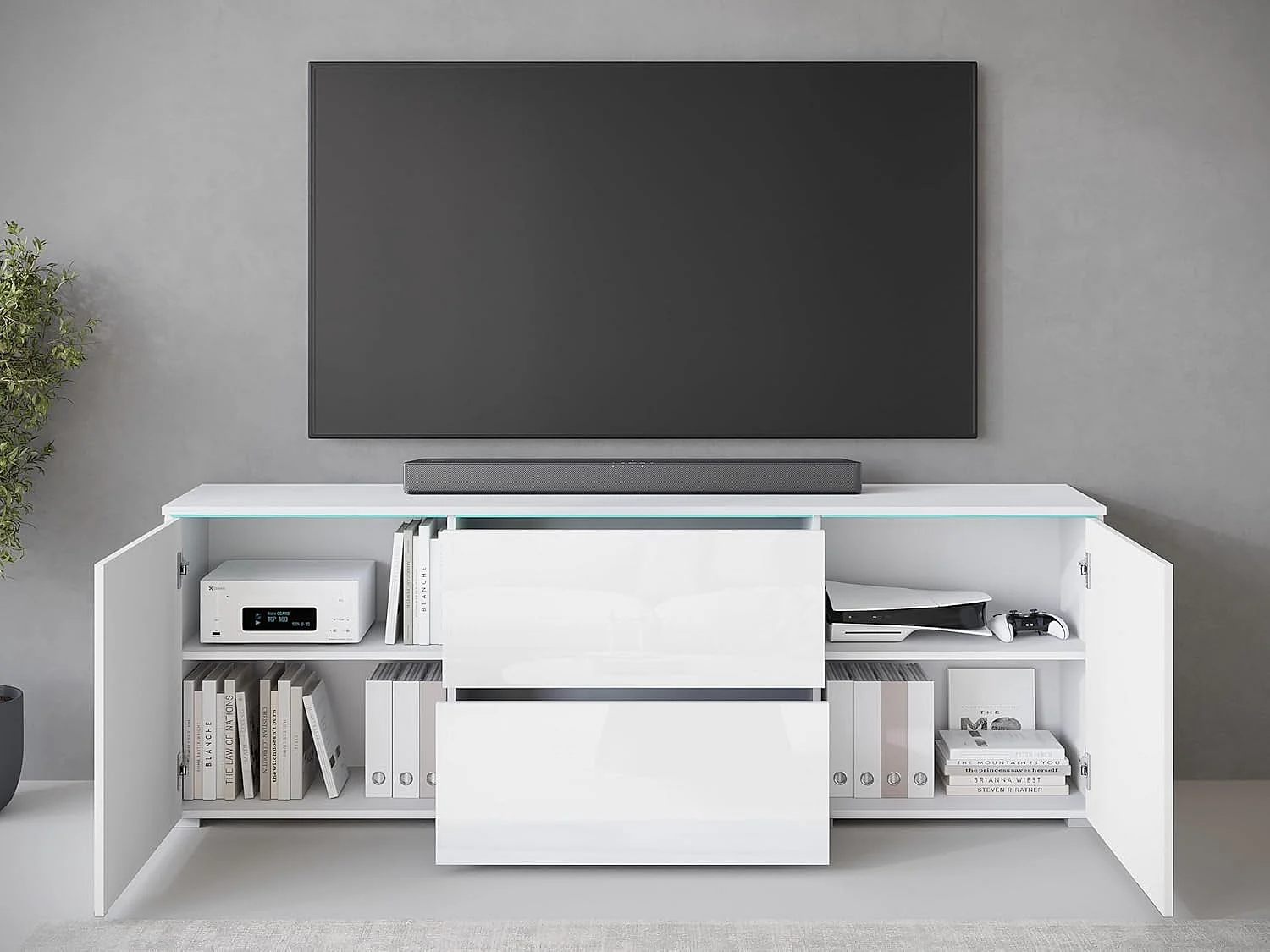 Mobile TV VERA 181 cm, mobile televisore, madia per soggiorno, con illuminazione LED, colore bianco/bianco lucido