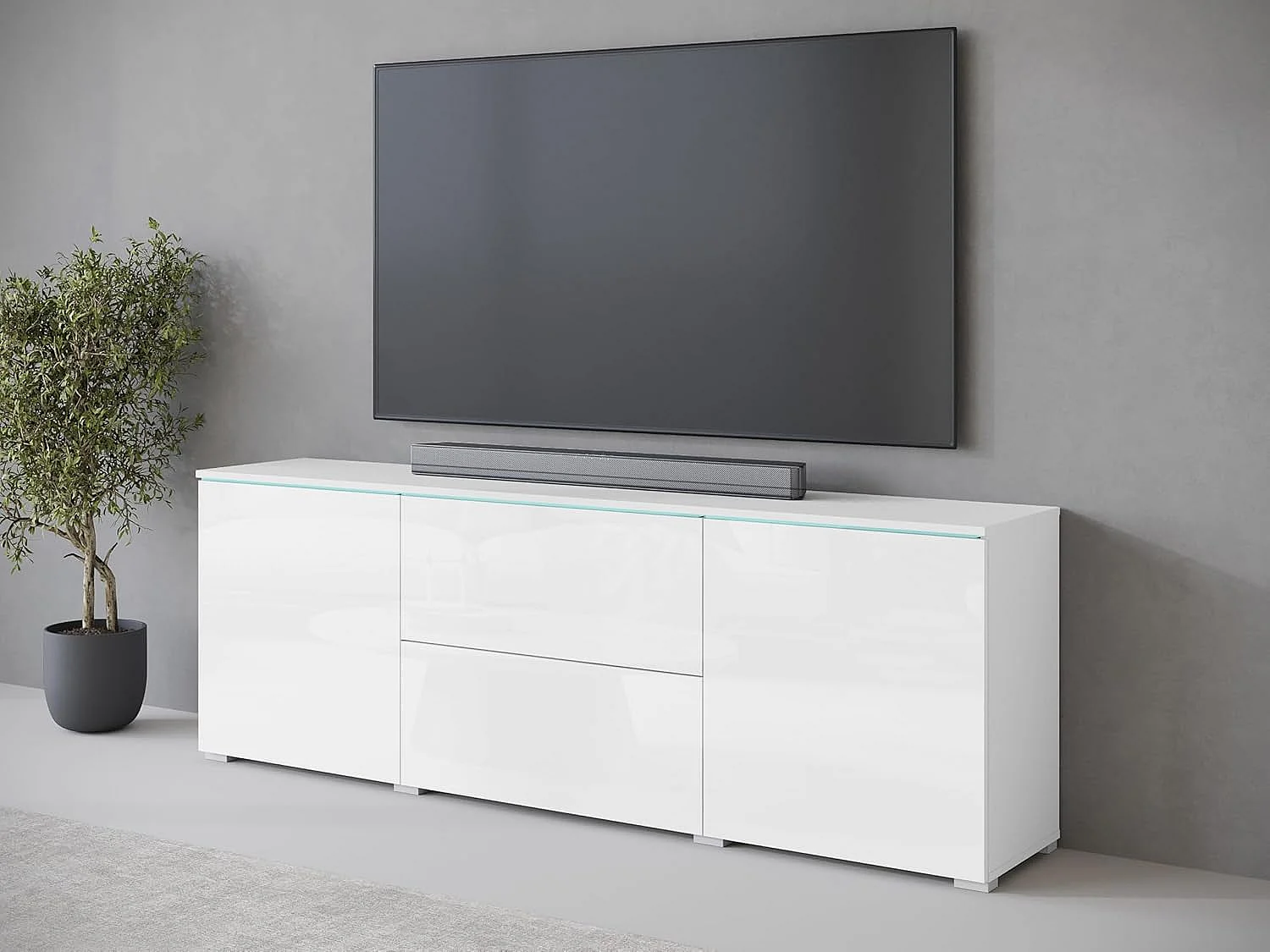 Mobile TV VERA 181 cm, mobile televisore, madia per soggiorno, con illuminazione LED, colore bianco/bianco lucido
