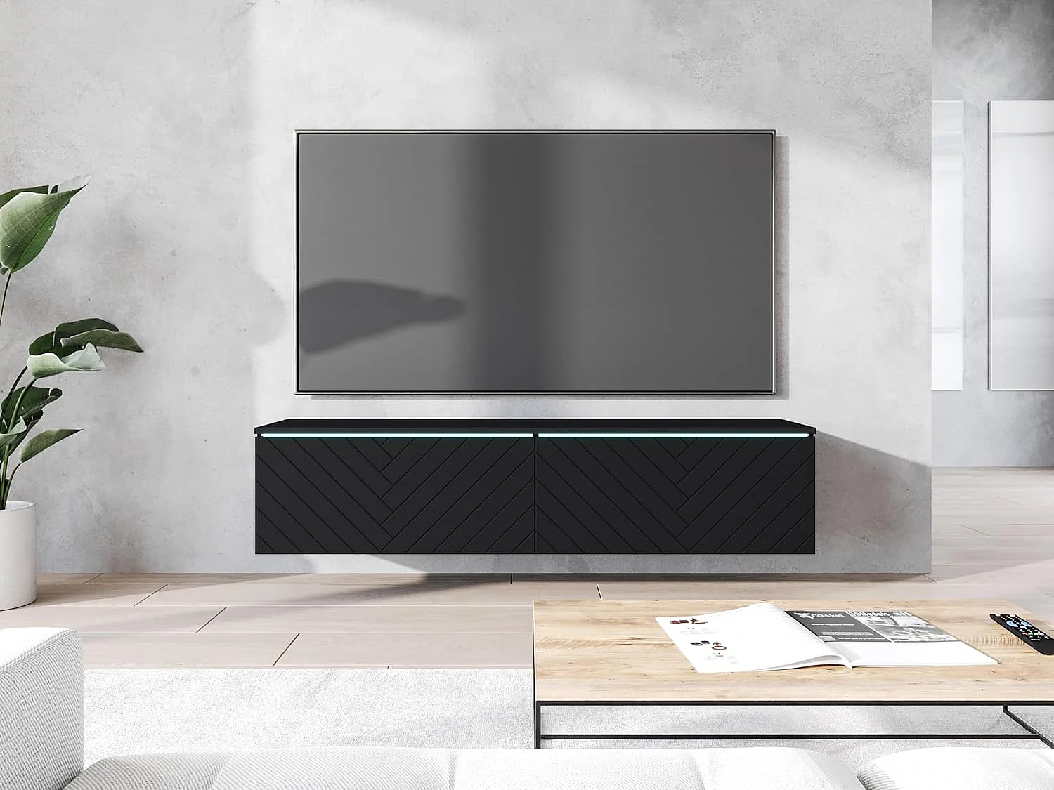 Meuble TV LOWBOARD D 140 cm, meuble de televisión, meuble de séjour, avec éclairage LED, couleur noir à chevrons