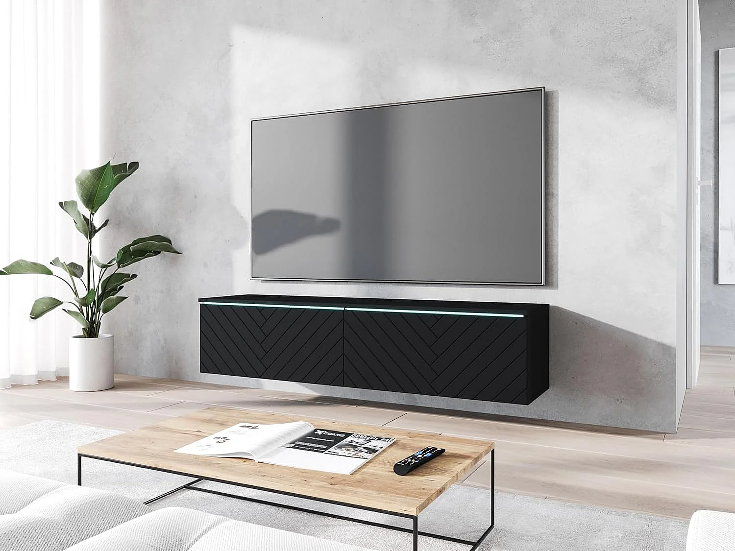 Meuble TV LOWBOARD D 140 cm, meuble de televisión, meuble de séjour, avec éclairage LED, couleur noir à chevrons