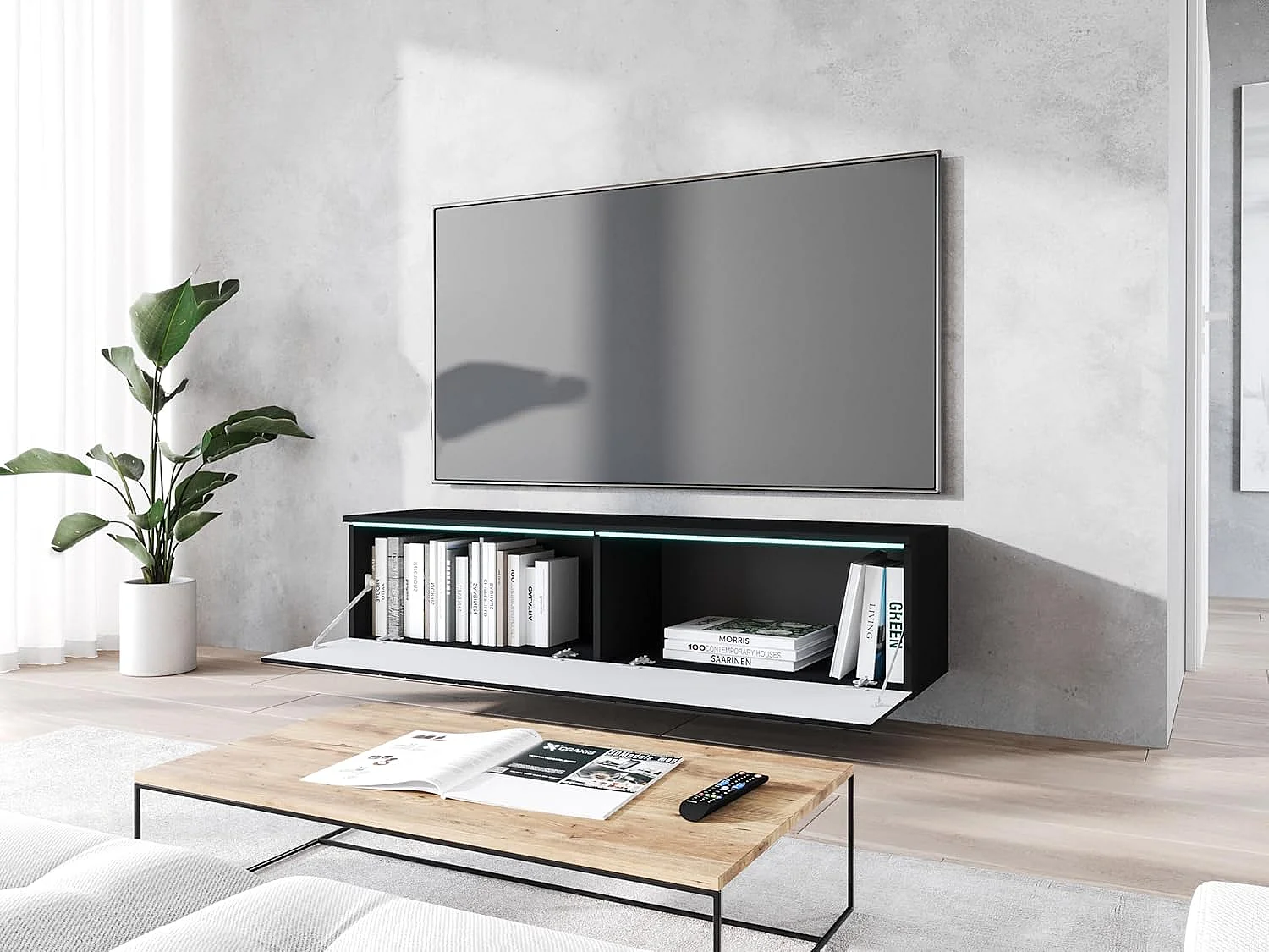 Meuble TV LOWBOARD D 140 cm, meuble de televisión, meuble de séjour, avec éclairage LED, couleur noir à chevrons