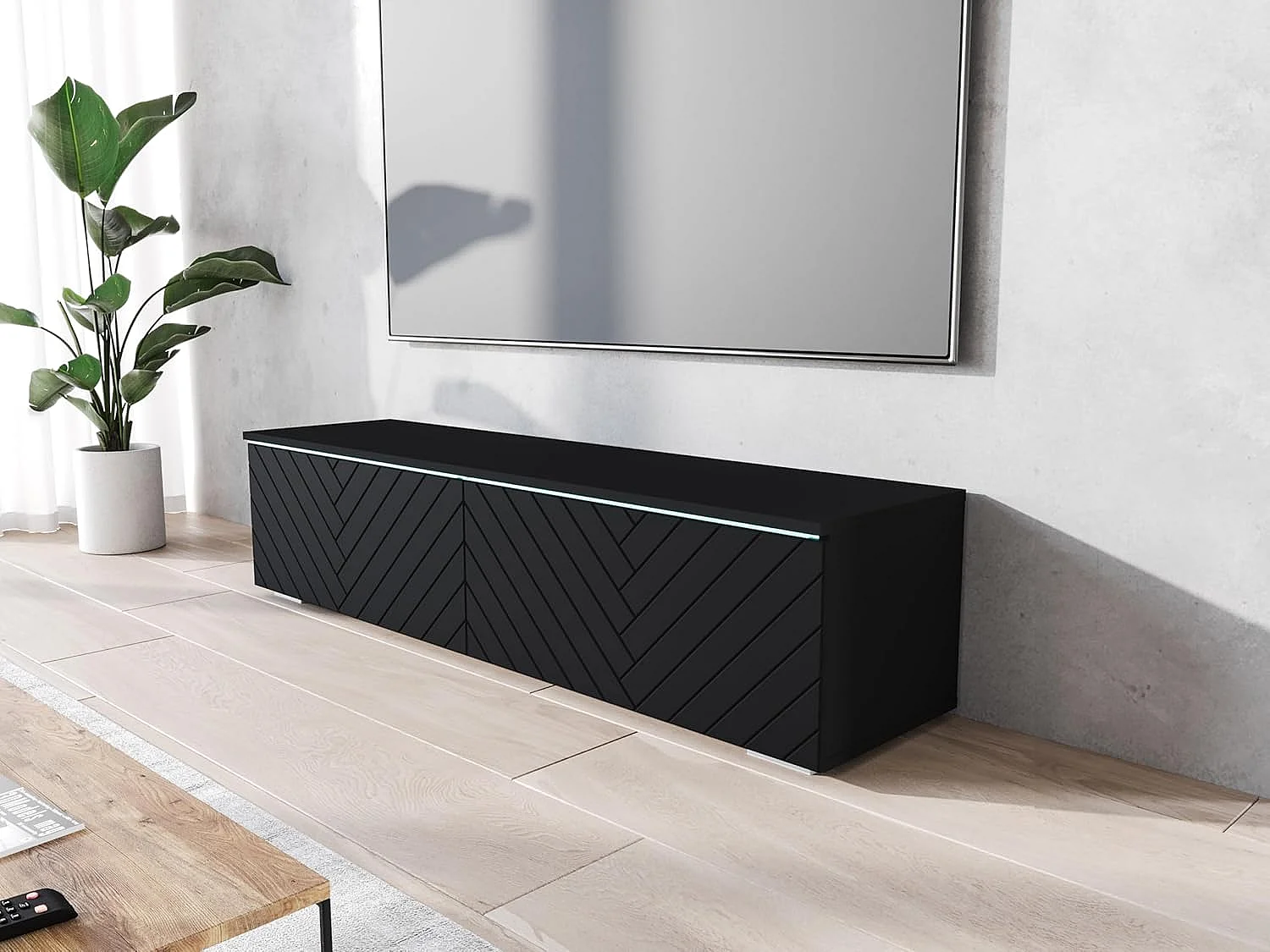 Meuble TV LOWBOARD D 140 cm, meuble de televisión, meuble de séjour, avec éclairage LED, couleur noir à chevrons