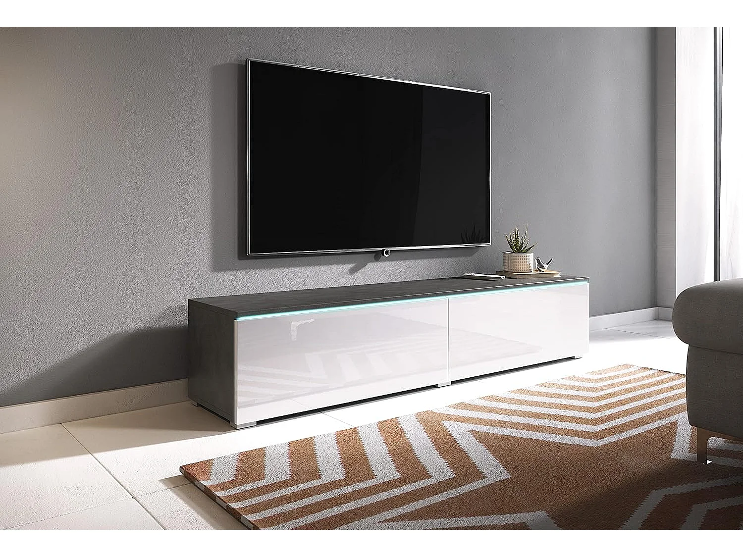 Mueble de TV LOWBOARD D 140 cm, mueble de televisión, mueble de salón, con iluminación LED, color matera/blanco brillo