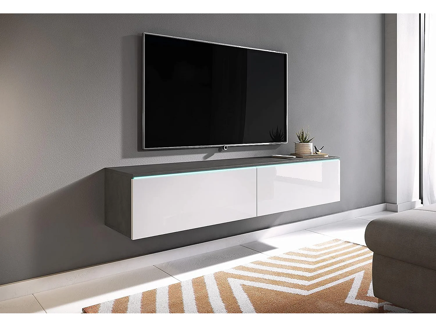 Mueble de TV LOWBOARD D 140 cm, mueble de televisión, mueble de salón, con iluminación LED, color matera/blanco brillo
