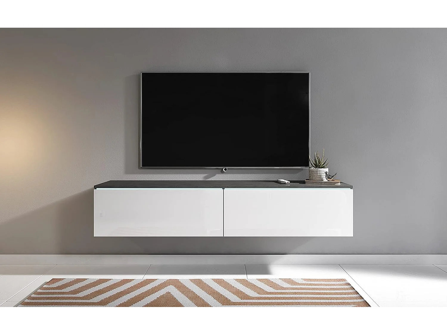 Mueble de TV LOWBOARD D 140 cm, mueble de televisión, mueble de salón, con iluminación LED, color matera/blanco brillo