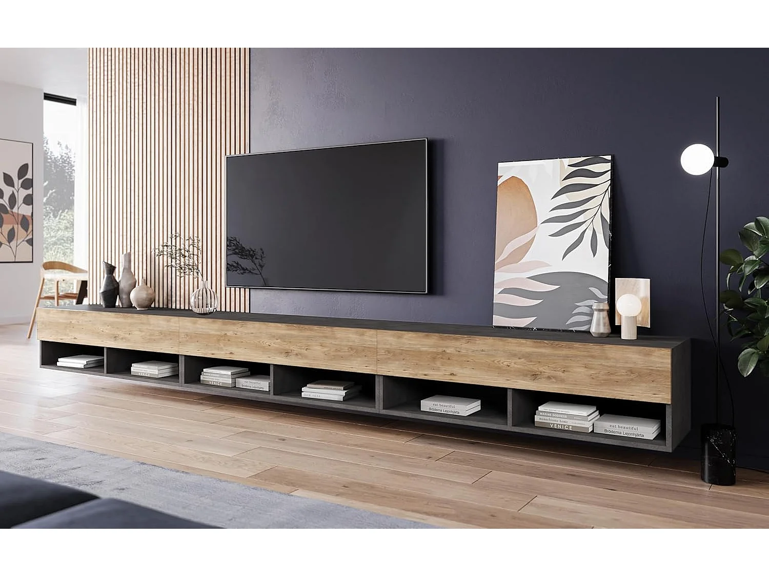 Mueble de TV LOWBOARD A 300 cm, mueble de televisión, mueble de salón, con iluminación LED, color matera/castaño