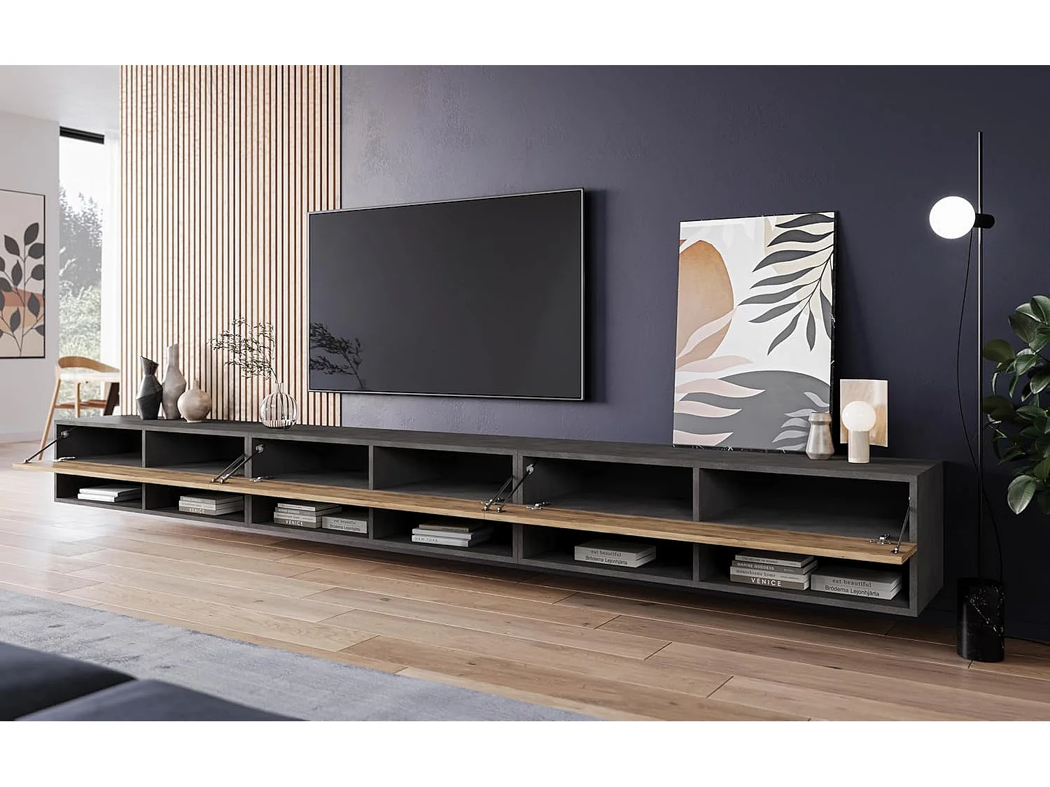 Mueble de TV LOWBOARD A 300 cm, mueble de televisión, mueble de salón, con iluminación LED, color matera/castaño