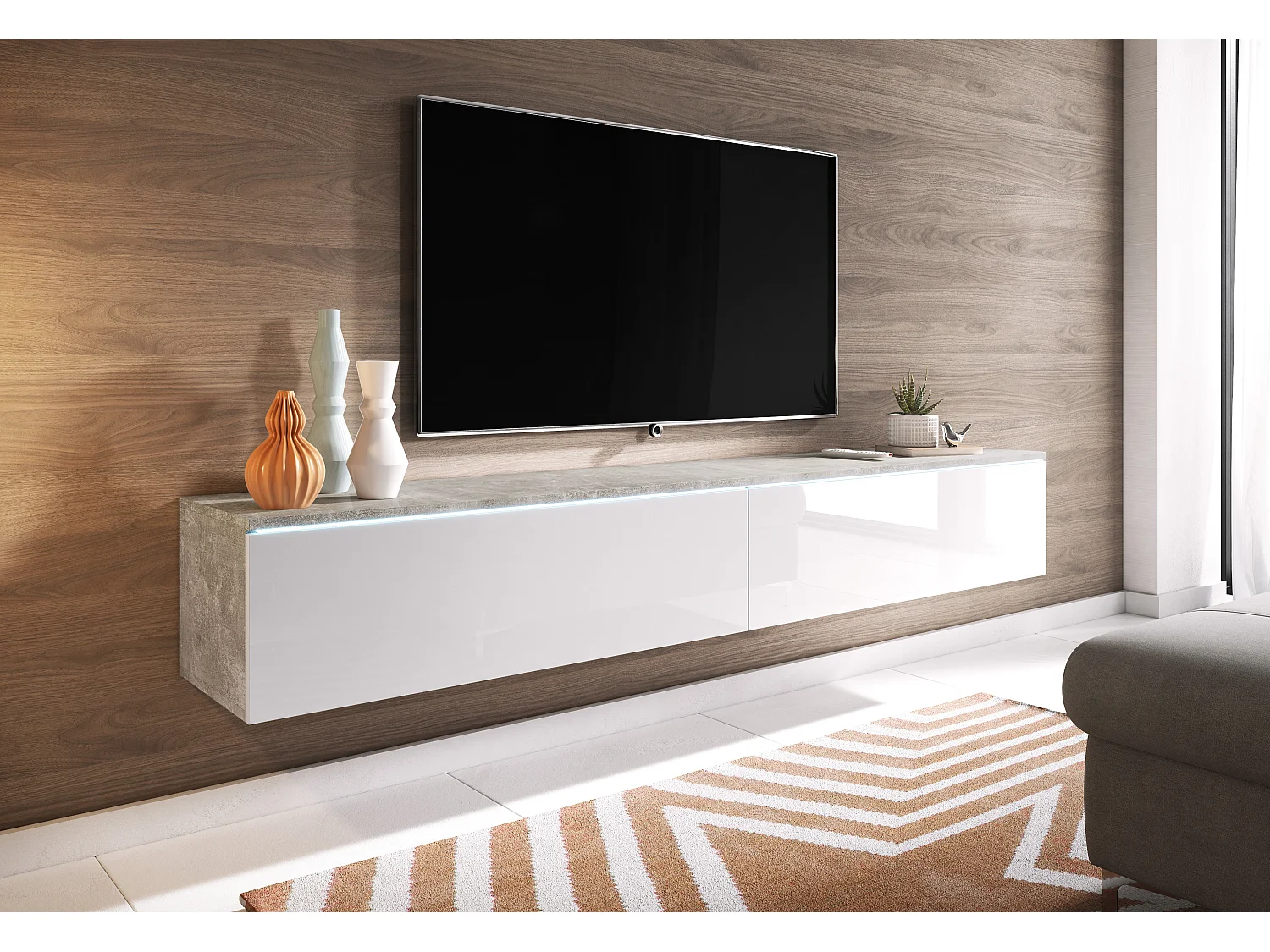 Meuble TV LOWBOARD D 180 cm, meuble de televisión, meuble de séjour, sans éclairage LED, couleur béton/blanc brillant