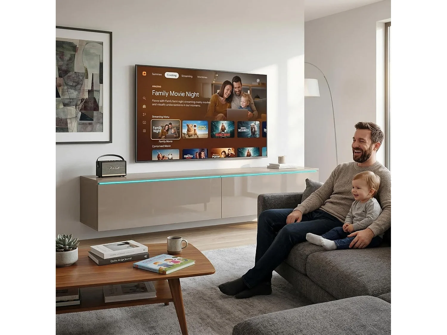 Meuble TV LOWBOARD D 180 cm, meuble de televisión, meuble de séjour, avec éclairage LED, couleur beige cachemire