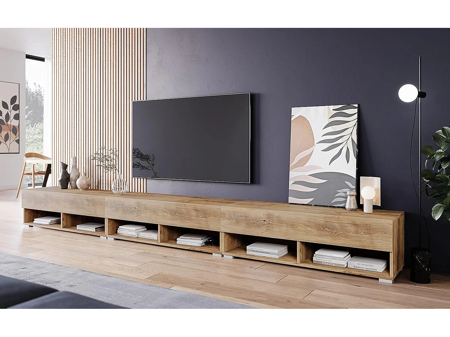 Meuble TV LOWBOARD A 300 cm, meuble de télévision, meuble de séjour, sans éclairage LED, couleur châtaignier