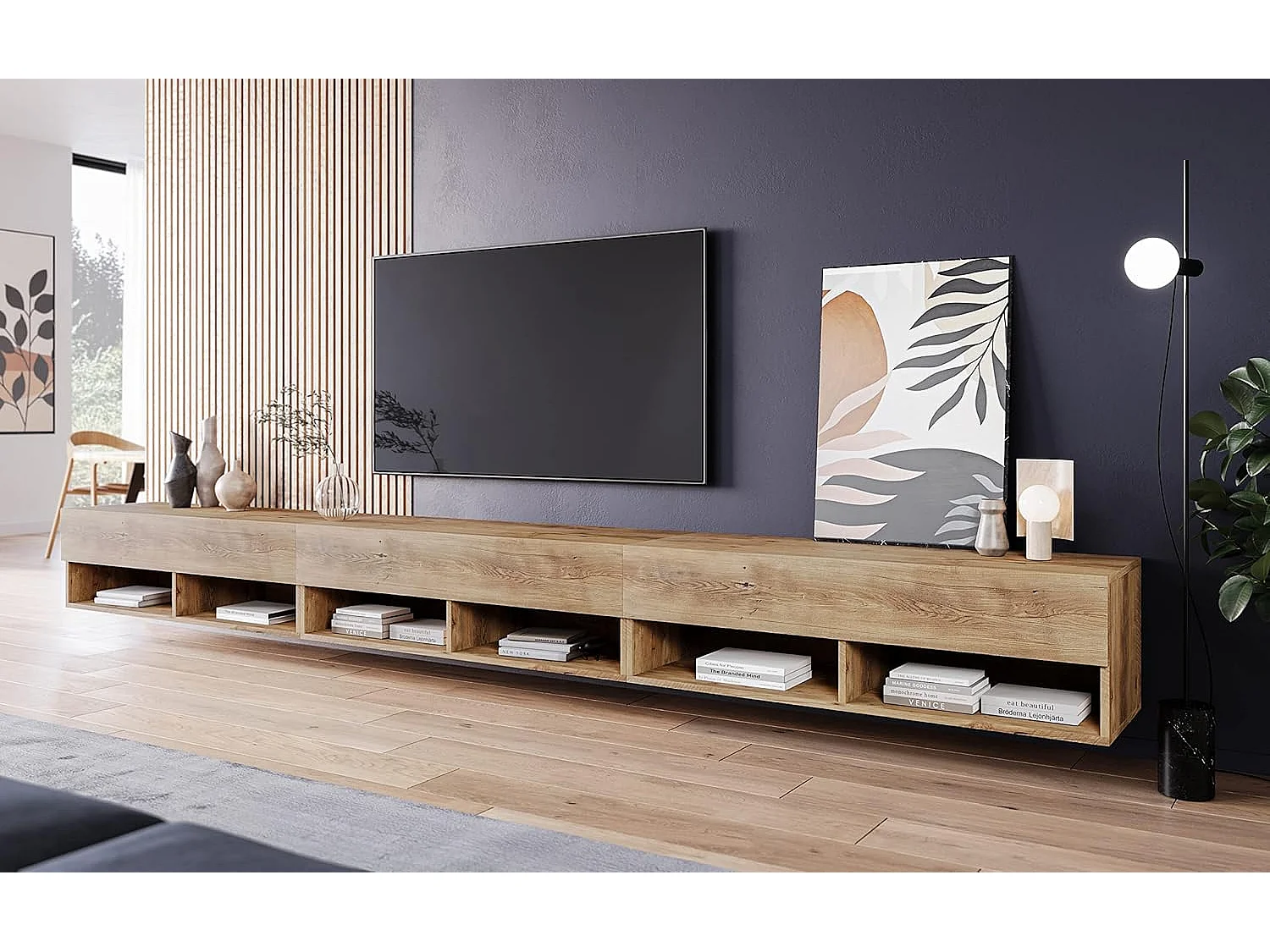 Meuble TV LOWBOARD A 300 cm, meuble de télévision, meuble de séjour, sans éclairage LED, couleur châtaignier