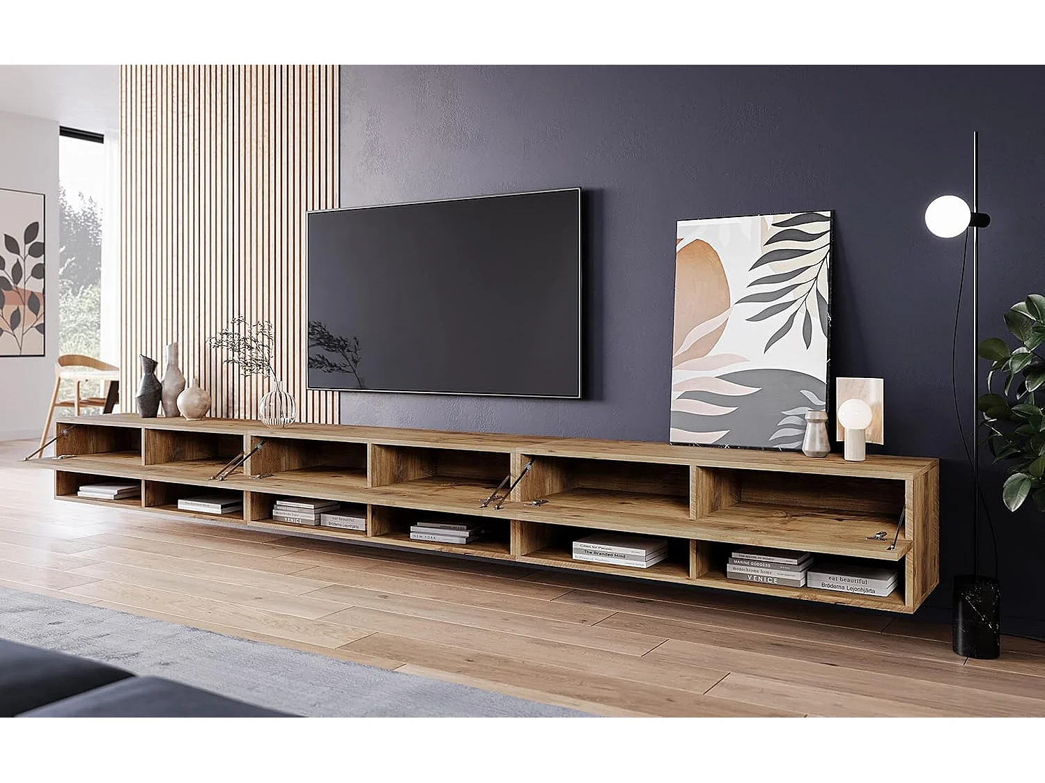 Meuble TV LOWBOARD A 300 cm, meuble de télévision, meuble de séjour, sans éclairage LED, couleur châtaignier