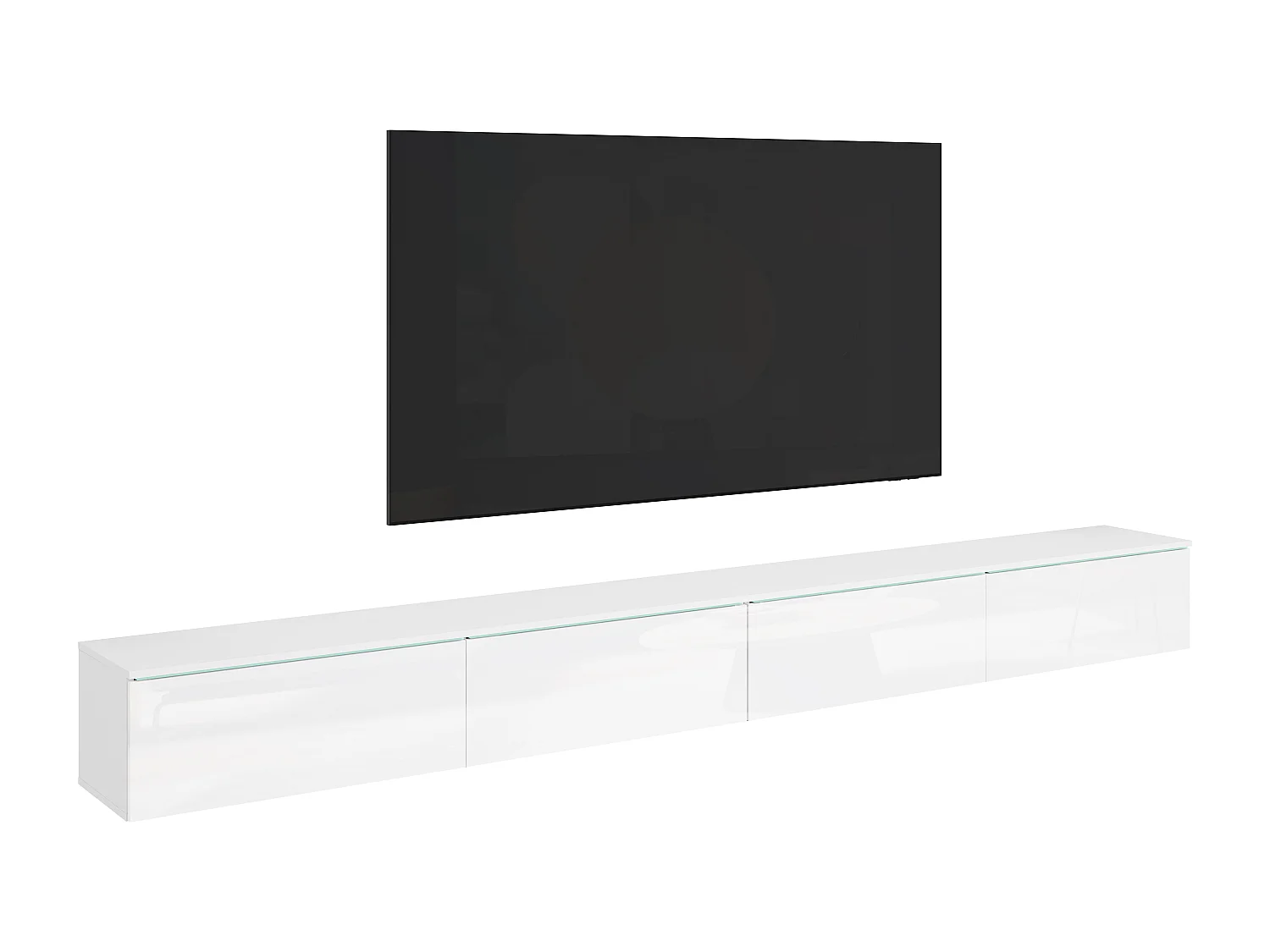 Meuble TV LOWBOARD D 300 cm, meuble de télévision, meuble de séjour, éclairage LED inclus, couleur blanc/blanc brillant
