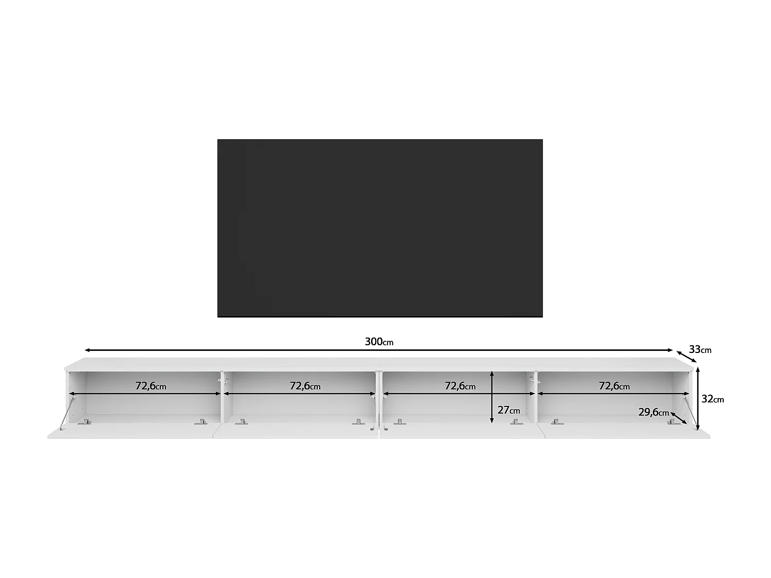 Meuble TV LOWBOARD D 300 cm, meuble de télévision, meuble de séjour, éclairage LED inclus, couleur blanc/blanc brillant