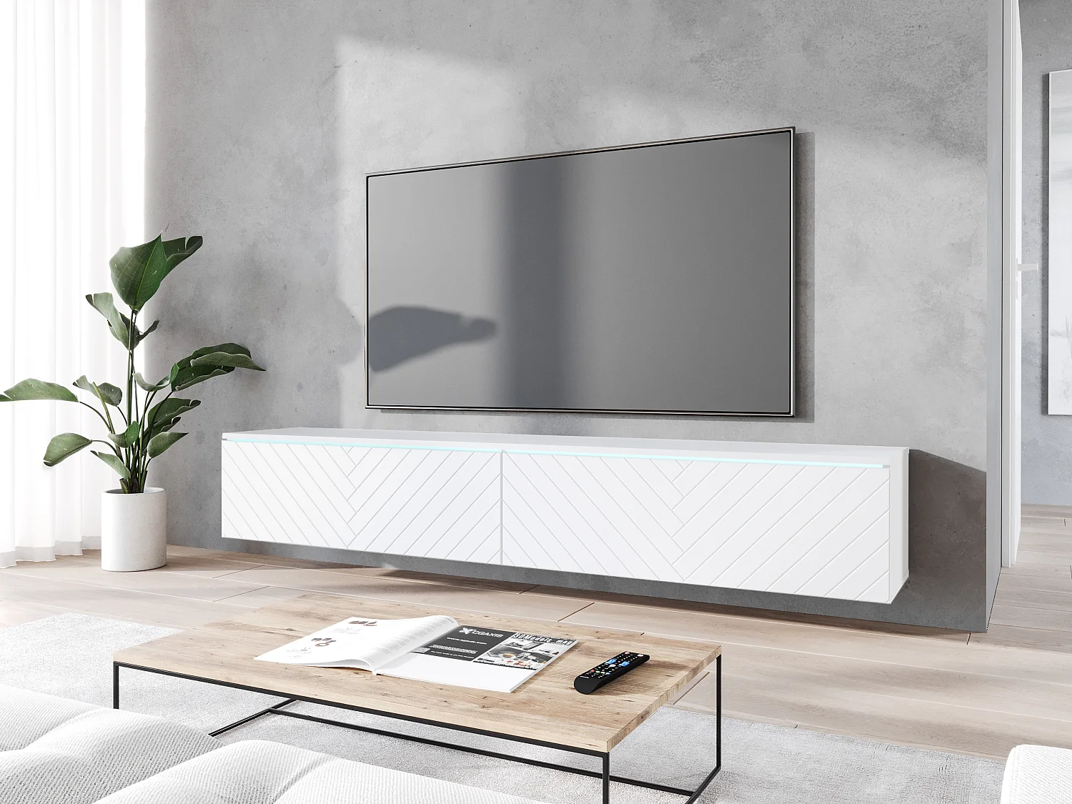 Mobile TV LOWBOARD D 180 cm, mobile televisore, mobile soggiorno, con illuminazione LED, colore bianco a spina di pesce
