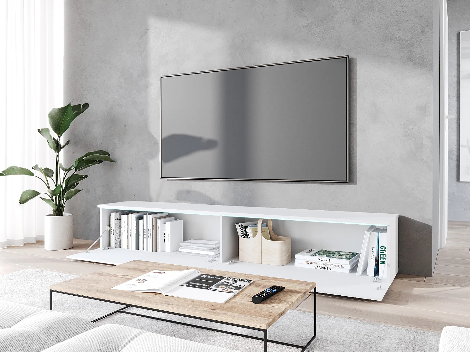 Mobile TV LOWBOARD D 180 cm, mobile televisore, mobile soggiorno, con illuminazione LED, colore bianco a spina di pesce