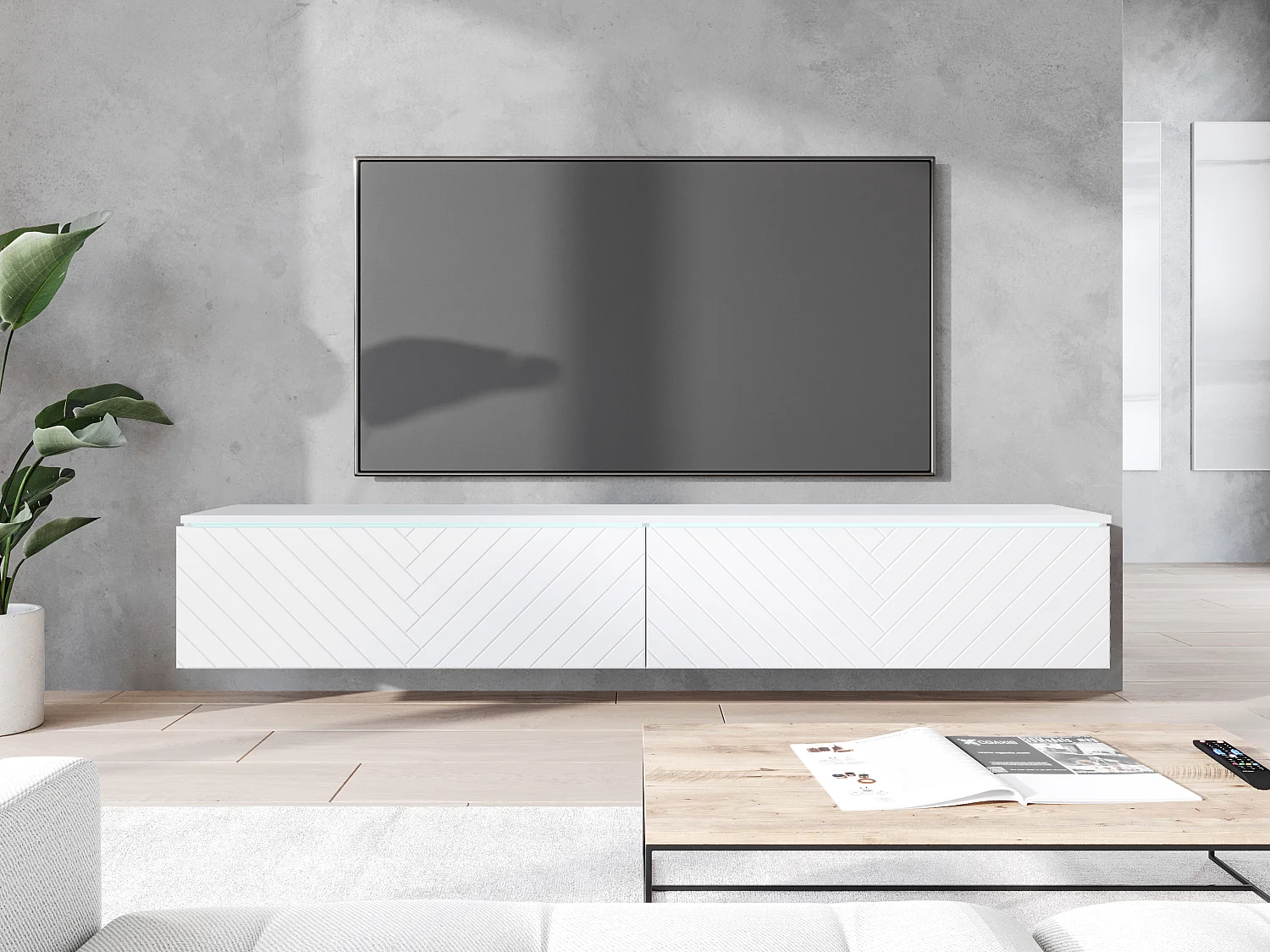 Mobile TV LOWBOARD D 180 cm, mobile televisore, mobile soggiorno, con illuminazione LED, colore bianco a spina di pesce